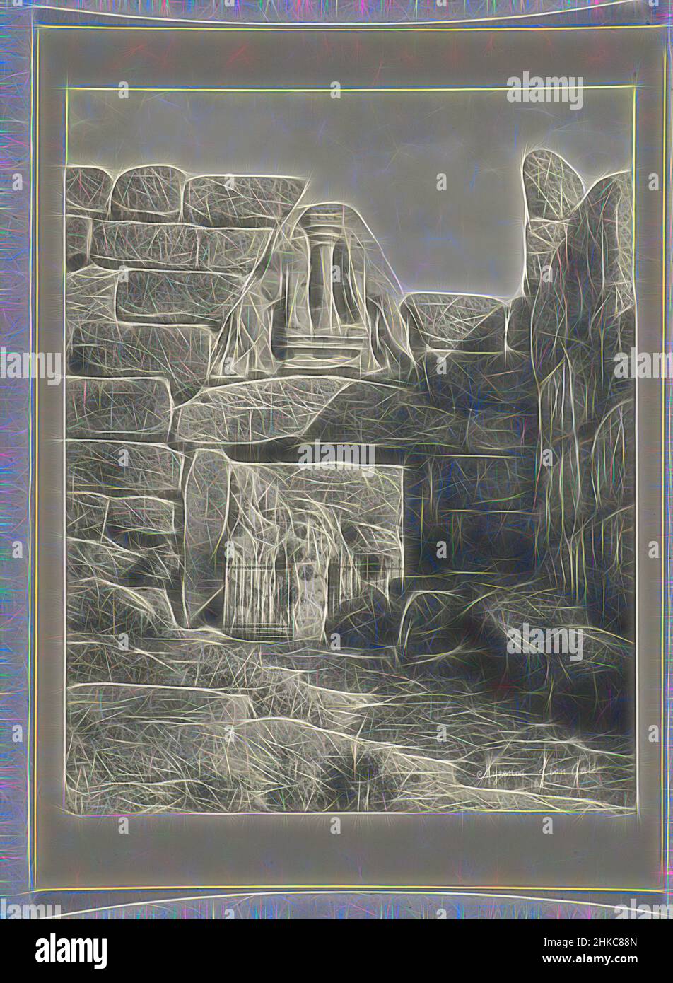 Ispirato da porta del Leone, porta del Leone Micenai 165, Mycene, c.. 1895 - c. 1915, carta, collotype, altezza 275 mm x larghezza 216 mm altezza 328 mm x larghezza 239 mm, reinventata da Artotop. L'arte classica reinventata con un tocco moderno. Design di calda e allegra luminosità e di raggi di luce. La fotografia si ispira al surrealismo e al futurismo, abbracciando l'energia dinamica della tecnologia moderna, del movimento, della velocità e rivoluzionando la cultura Foto Stock