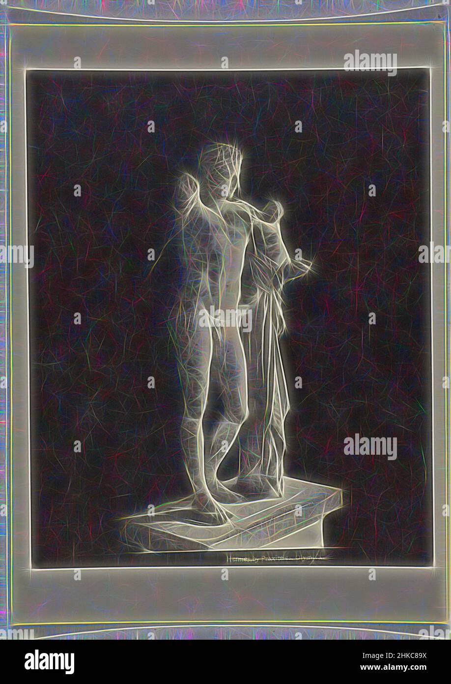 Ispirato dalla Statua di Ermes che porta Dionysos come un bambino piccolo, Hermes, da Praxiteles. Olympia., immagine fatta da Praxiteles., Pelopónnesos, c.. 1895 - c. 1915, carta, collotype, altezza 271 mm x larghezza 220 mm altezza 328 mm x larghezza 239 mm, reinventata da Artotop. L'arte classica reinventata con un tocco moderno. Design di calda e allegra luminosità e di raggi di luce. La fotografia si ispira al surrealismo e al futurismo, abbracciando l'energia dinamica della tecnologia moderna, del movimento, della velocità e rivoluzionando la cultura Foto Stock