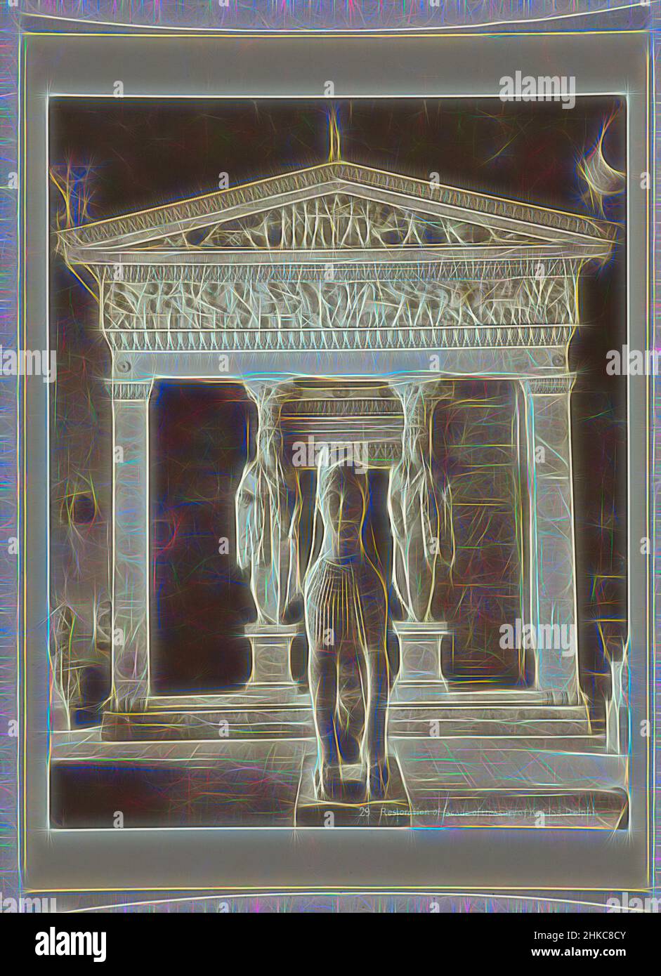 Ispirato dalla facciata del tesoro di Knidos, Delphi29 Restauro della facciata del tesoro di Knidos. Delfi., Delfi, c. 1895 - c. 1915, carta, collotype, altezza 280 mm x larghezza 221 mm altezza 328 mm x larghezza 239 mm, reinventata da Artotop. L'arte classica reinventata con un tocco moderno. Design di calda e allegra luminosità e di raggi di luce. La fotografia si ispira al surrealismo e al futurismo, abbracciando l'energia dinamica della tecnologia moderna, del movimento, della velocità e rivoluzionando la cultura Foto Stock