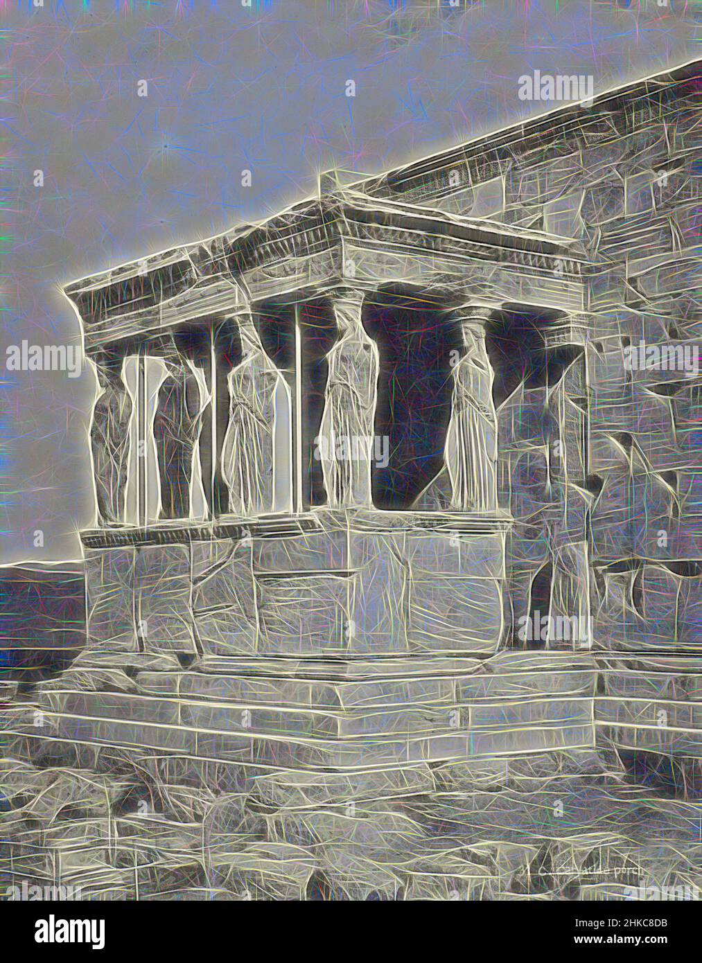 Ispirato dalla vista dei Cariatidi vicino all'Erechtheion sull'Acropoli nel Athens31 C. Caryatide Porch, Unknown, Athene, c.. 1895 - c. 1915, carta, collotype, altezza 280 mm x larghezza 218 mm altezza 328 mm x larghezza 239 mm, reinventata da Artotop. L'arte classica reinventata con un tocco moderno. Design di calda e allegra luminosità e di raggi di luce. La fotografia si ispira al surrealismo e al futurismo, abbracciando l'energia dinamica della tecnologia moderna, del movimento, della velocità e rivoluzionando la cultura Foto Stock