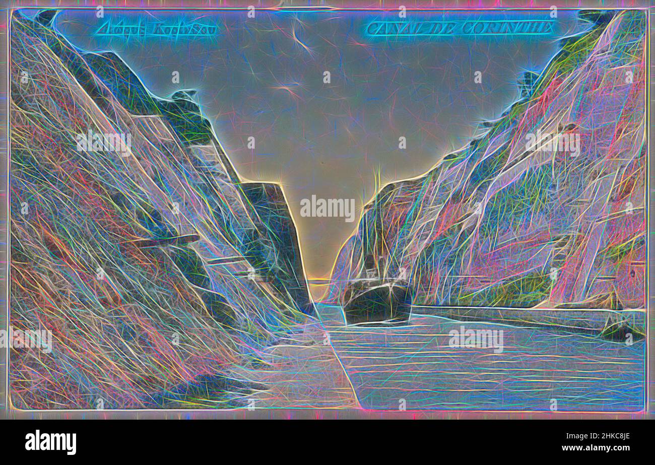 Ispirato dal canale di Corinto, Canal de CORINTHE, nel mezzo del canale una nave è in navigazione. In alto a sinistra è un titolo in greco (?)., Griekenland, c.. 1895 - c. 1915, carta, altezza 86 mm x larghezza 137 mm altezza 328 mm x larghezza 239 mm, Reimagined by Artotop. L'arte classica reinventata con un tocco moderno. Design di calda e allegra luminosità e di raggi di luce. La fotografia si ispira al surrealismo e al futurismo, abbracciando l'energia dinamica della tecnologia moderna, del movimento, della velocità e rivoluzionando la cultura Foto Stock