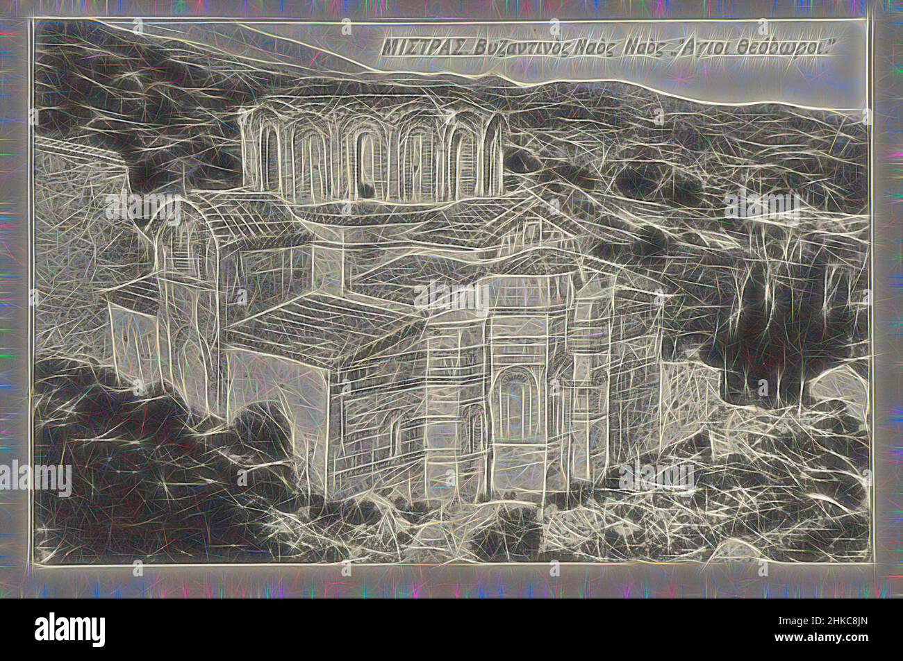 Ispirato dalla Chiesa di San Teodoro a Mistra, (...), in alto a destra è un titolo in greco (?)., Pelopónnesos, c.. 1895 - c. 1915, carta, collotype, altezza 90 mm x larghezza 138 mm altezza 328 mm x larghezza 239 mm, reinventata da Artotop. L'arte classica reinventata con un tocco moderno. Design di calda e allegra luminosità e di raggi di luce. La fotografia si ispira al surrealismo e al futurismo, abbracciando l'energia dinamica della tecnologia moderna, del movimento, della velocità e rivoluzionando la cultura Foto Stock