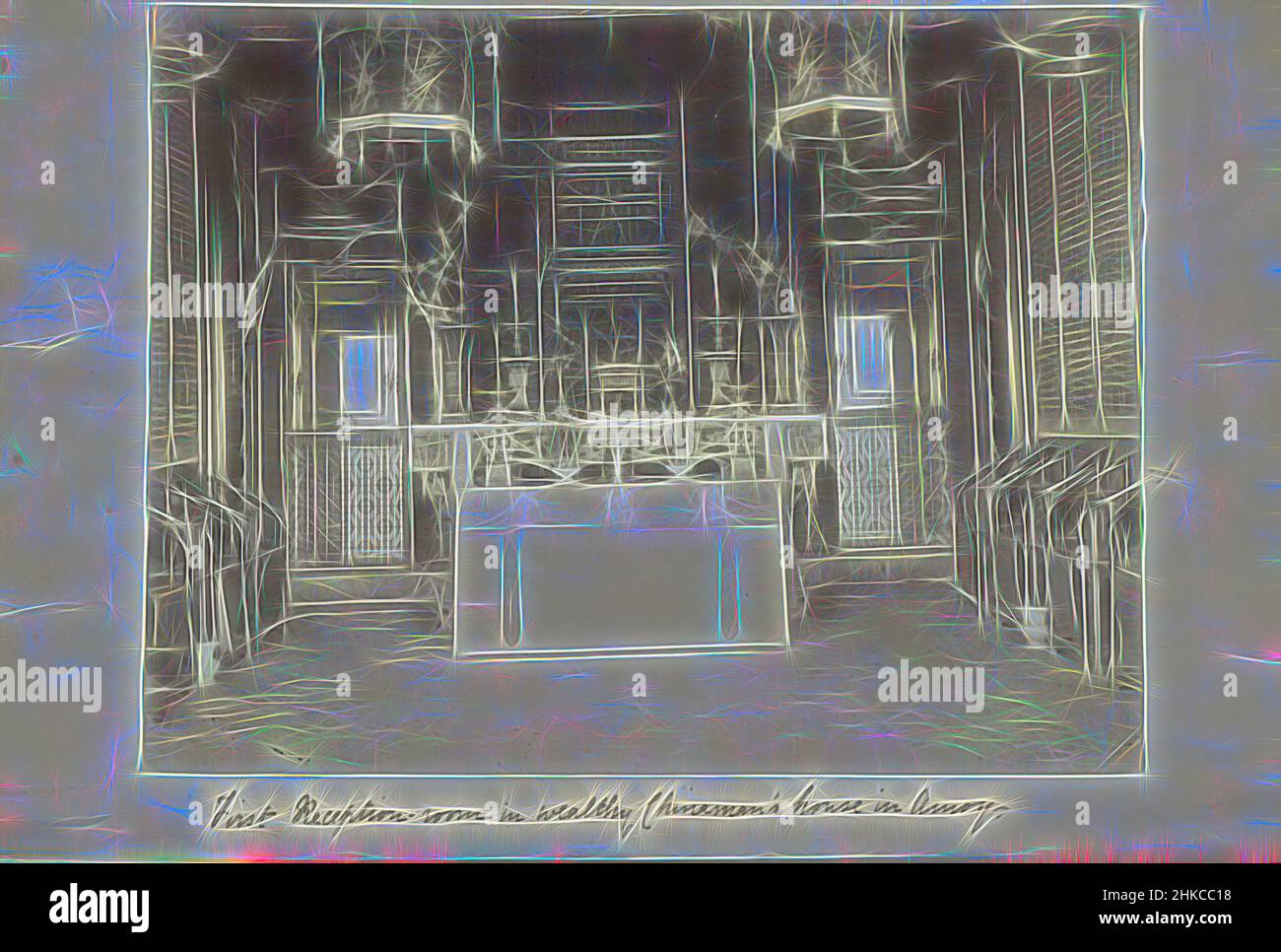 Ispirati dal banco del ricevimento in una casa cinese, nel porto si trovano le tradizionali barche asiatiche e le navi a vela. Alla testa del hanno n è una torre., Cina, c. 1879 - c. 1890, carta, stampa albume, altezza 188 mm x larghezza 241 mm altezza 345 mm x larghezza 265 mm, reinventata da Artotop. L'arte classica reinventata con un tocco moderno. Design di calda e allegra luminosità e di raggi di luce. La fotografia si ispira al surrealismo e al futurismo, abbracciando l'energia dinamica della tecnologia moderna, del movimento, della velocità e rivoluzionando la cultura Foto Stock