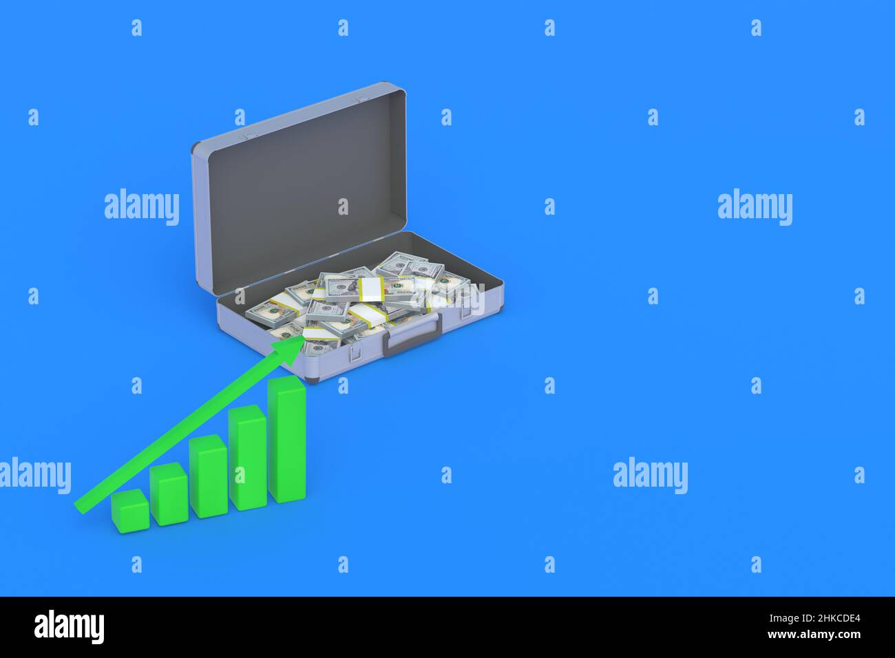 Valigie piene di soldi vicino a carte con freccia su. Crescita del ritorno sugli investimenti. Aumento di salari, redditi, deduzioni. Aumentare l'assistenza sociale Foto Stock