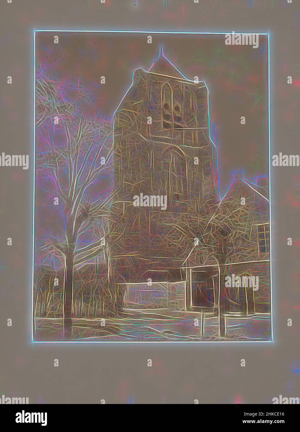 Ispirato alla torre della chiesa di Ouwerkerk, Ouwerkerk, 1897, stampa albume, altezza 232 mm x larghezza 177 mm, reinventato da Artotop. L'arte classica reinventata con un tocco moderno. Design di calda e allegra luminosità e di raggi di luce. La fotografia si ispira al surrealismo e al futurismo, abbracciando l'energia dinamica della tecnologia moderna, del movimento, della velocità e rivoluzionando la cultura Foto Stock