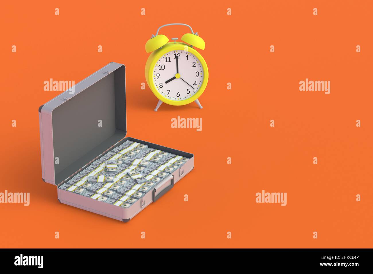 Valigia piena di banconote vicino alla sveglia. Tempo di pagare stipendi, pensioni, assistenza sociale. Il tasso di rendimento degli investimenti. Tempo e denaro. Copia Foto Stock