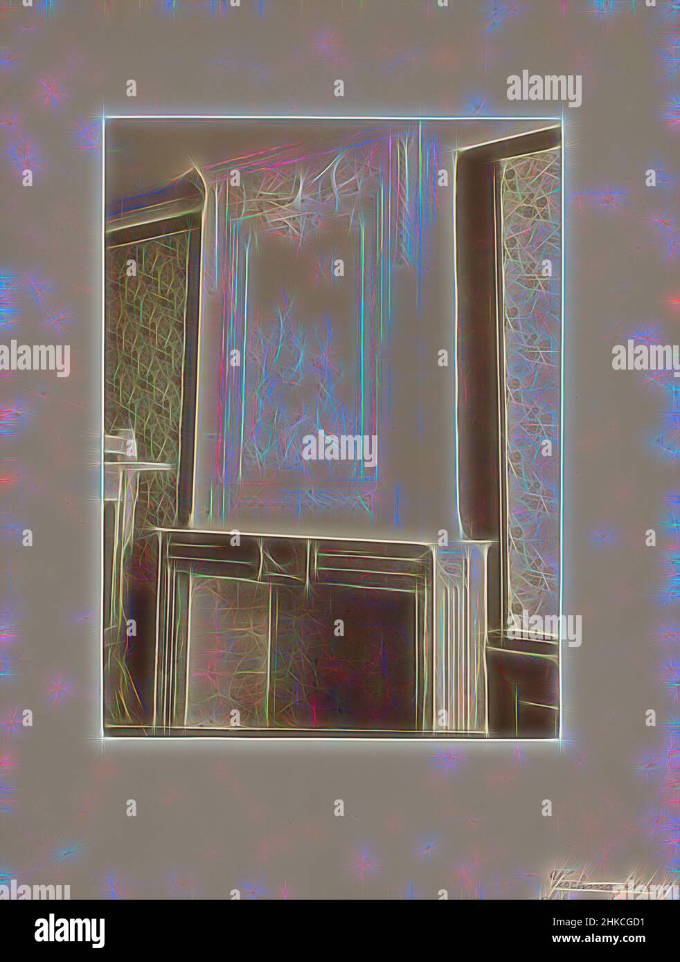 Ispirato dal mantelpiece di Vismarkt 16-17 a Leiden, Paesi Bassi, Vismarkt, 1901, stampa albume, Altezza 231 mm x larghezza 170 mm, reinventata da Artotop. L'arte classica reinventata con un tocco moderno. Design di calda e allegra luminosità e di raggi di luce. La fotografia si ispira al surrealismo e al futurismo, abbracciando l'energia dinamica della tecnologia moderna, del movimento, della velocità e rivoluzionando la cultura Foto Stock