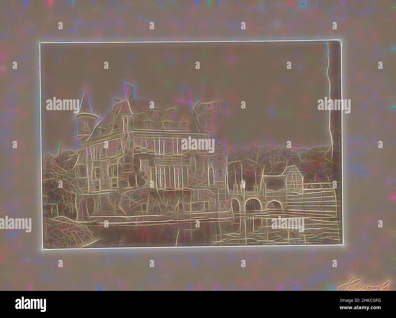 Ispirato alla vista del castello di Heeswijk, Kasteel Heeswijk, 1892, stampa albume, altezza 160 mm x larghezza 234 mm, reinventato da Artotop. L'arte classica reinventata con un tocco moderno. Design di calda e allegra luminosità e di raggi di luce. La fotografia si ispira al surrealismo e al futurismo, abbracciando l'energia dinamica della tecnologia moderna, del movimento, della velocità e rivoluzionando la cultura Foto Stock