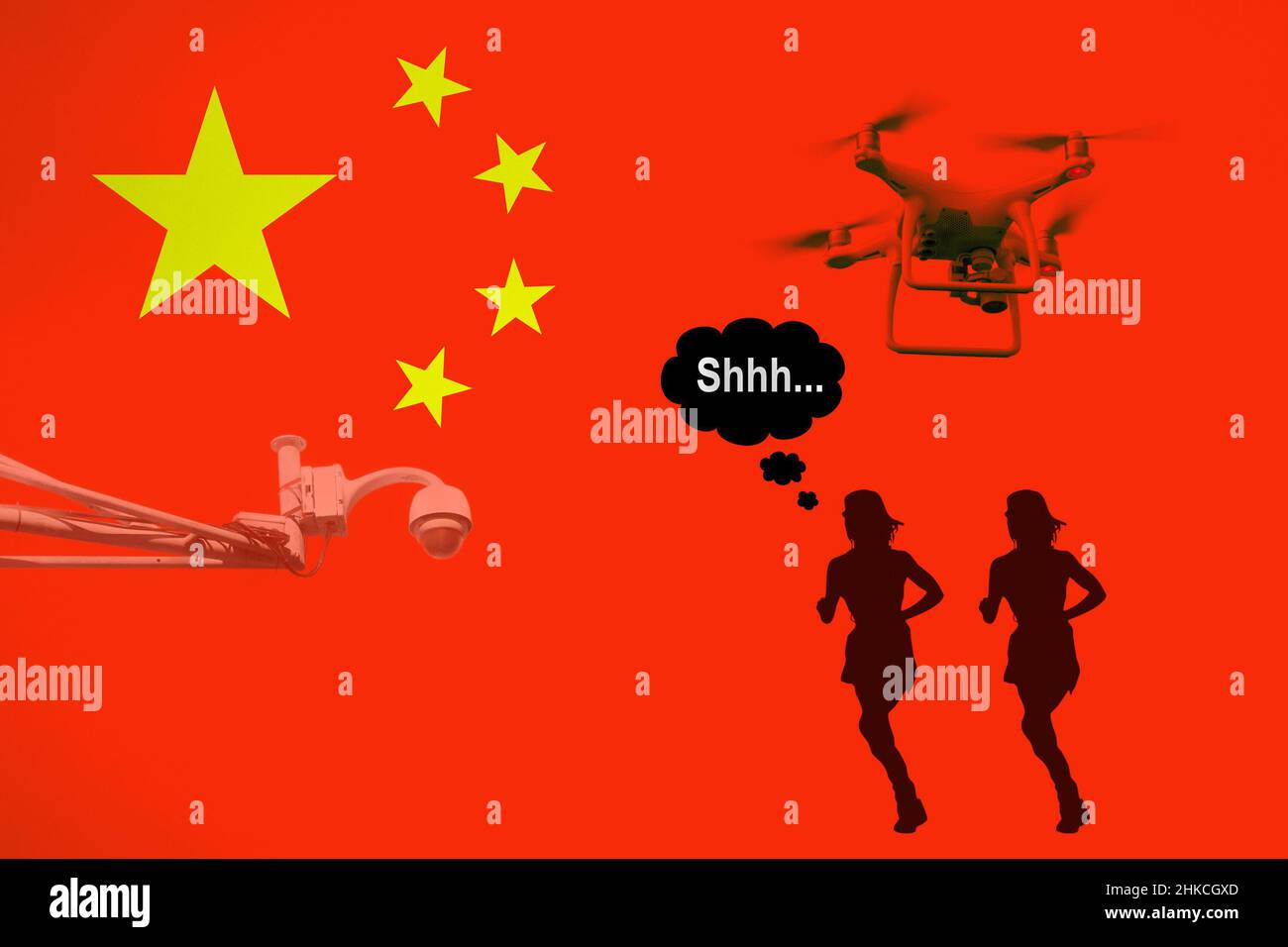 Drone, telecamera CCTV e atleti sulla bandiera della Cina. Libertà di parola, censura, controllo dello stato, atleti... concetto Foto Stock