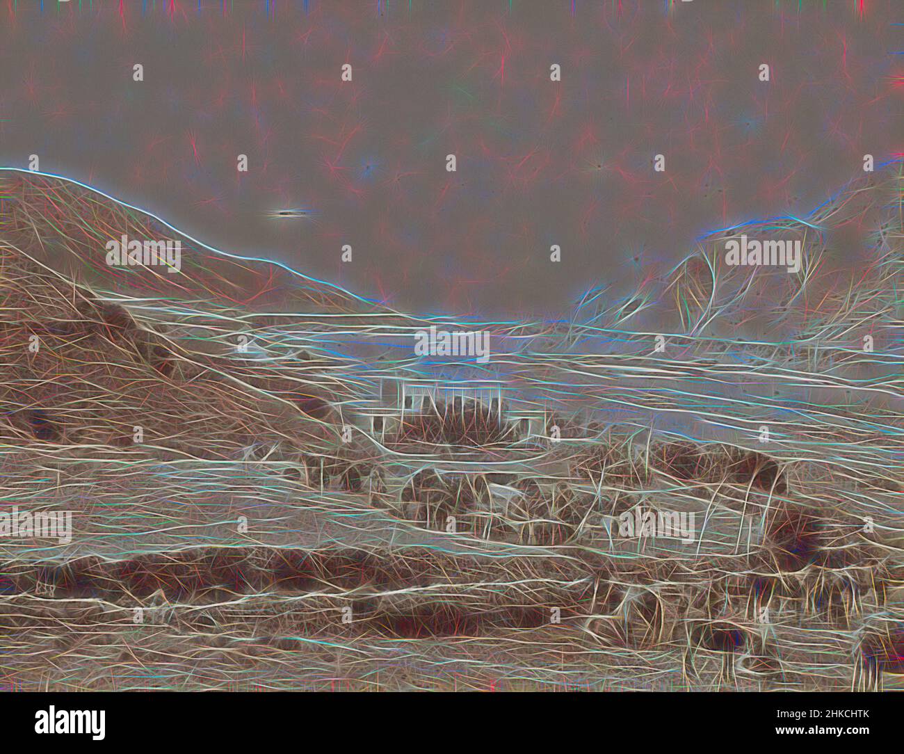 Ispirato da Landscape, la route de Rescht, Iran, paesaggio montagnoso con case, asini e cavalli, la route de Rescht, Paitchimar/Paitchuman [?], Iran., Antoine Sevruguin, Iran, c. 1885 - c. 1910, carta, stampa albume, altezza 154 mm, larghezza 204 mm, Reinventato da Artotop. L'arte classica reinventata con un tocco moderno. Design di calda e allegra luminosità e di raggi di luce. La fotografia si ispira al surrealismo e al futurismo, abbracciando l'energia dinamica della tecnologia moderna, del movimento, della velocità e rivoluzionando la cultura Foto Stock