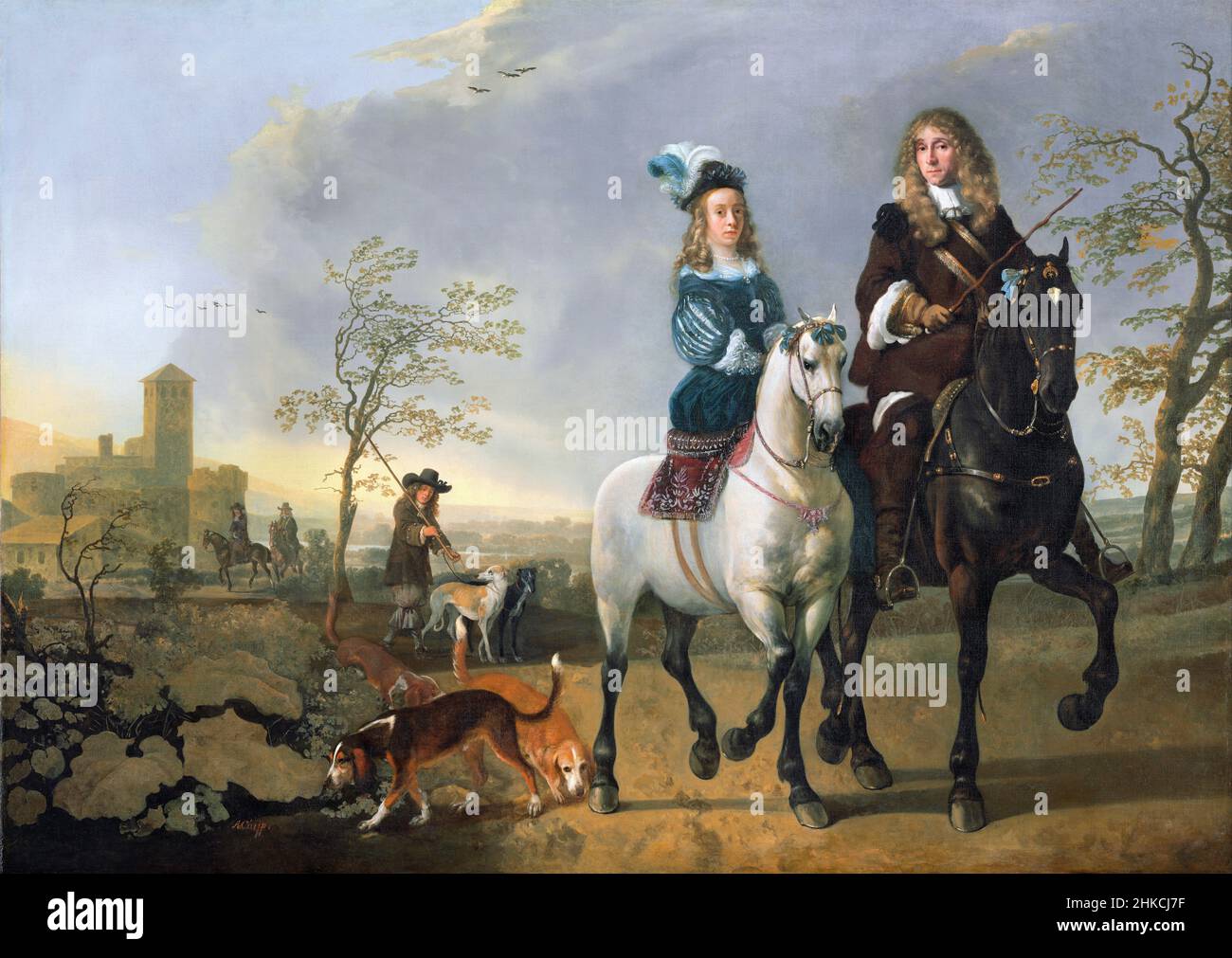 Lady and Gentleman on Horseback by the Dutch Golden Age Painter, Aelbert Jacobszoon Cuyp (1620-1691), olio su tela, c.. 1655, rettificato c.. 1660-65 Foto Stock