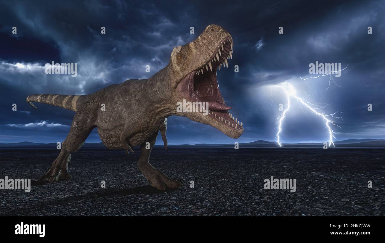Il dinosauro Tyrannosaurus Rex ruggisce in un paesaggio desertico di notte con una tempesta di fulmini sullo sfondo. 3D illustrazione. Foto Stock