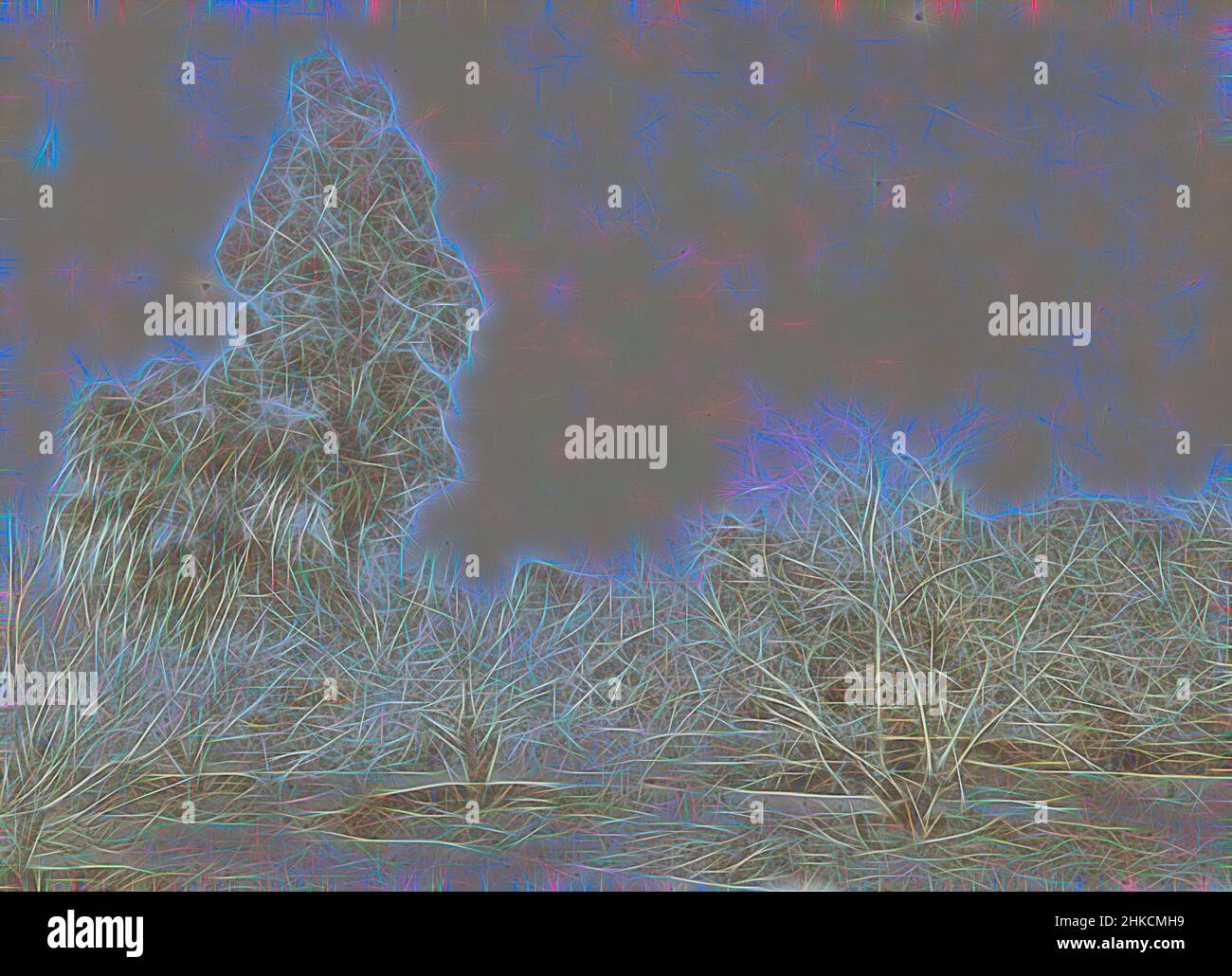 Ispirato dalla vista di un paesaggio con alberi piantati, Cornelia Hendrika Jonker (cerchio di), 1880 - 1920, altezza 140 mm x larghezza 190 mm, reimmaginato da Artotop. L'arte classica reinventata con un tocco moderno. Design di calda e allegra luminosità e di raggi di luce. La fotografia si ispira al surrealismo e al futurismo, abbracciando l'energia dinamica della tecnologia moderna, del movimento, della velocità e rivoluzionando la cultura Foto Stock