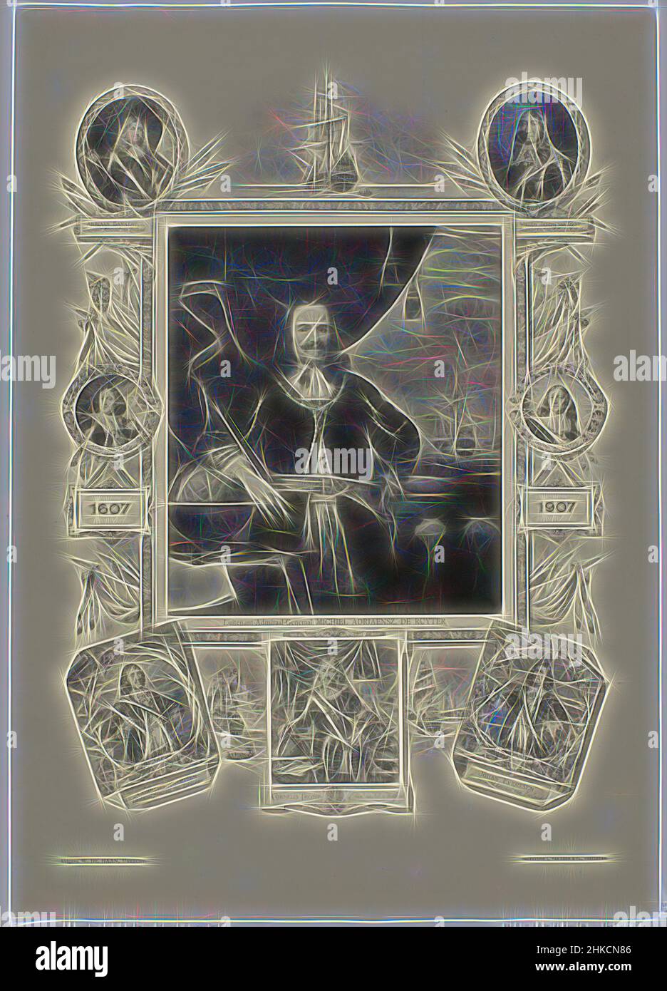 Ispirato da foglio con riproduzioni di ritratti dipinti di Michiel de Ruyter (di Ferdinand Bol, 1667, e (come decorazione di confine) altri eroi navali, sconosciuto, editore: W. de Haan, editore: Utrecht, stampante: Amsterdam, 1907, carta, Collotype, altezza 538 mm x larghezza 383 mm, reinventato da Artotop. L'arte classica reinventata con un tocco moderno. Design di calda e allegra luminosità e di raggi di luce. La fotografia si ispira al surrealismo e al futurismo, abbracciando l'energia dinamica della tecnologia moderna, del movimento, della velocità e rivoluzionando la cultura Foto Stock