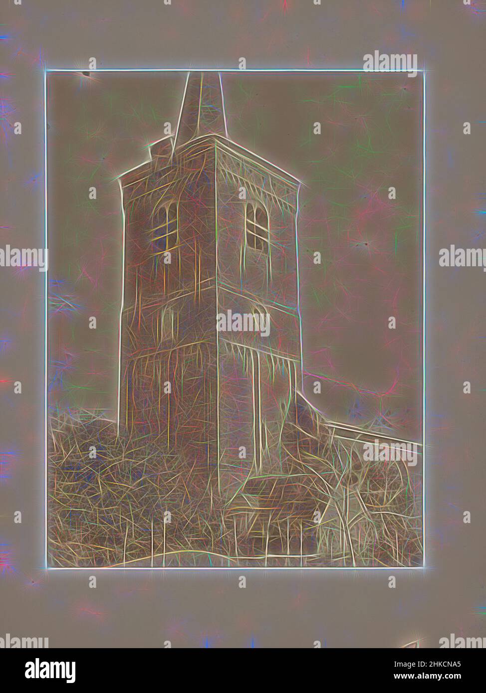 Ispirato dalla Torre della Chiesa Riformata a Vlijmen, Vlijmen, 1895, stampa albume, altezza 234 mm x larghezza 177 mm, reinventato da Artotop. L'arte classica reinventata con un tocco moderno. Design di calda e allegra luminosità e di raggi di luce. La fotografia si ispira al surrealismo e al futurismo, abbracciando l'energia dinamica della tecnologia moderna, del movimento, della velocità e rivoluzionando la cultura Foto Stock