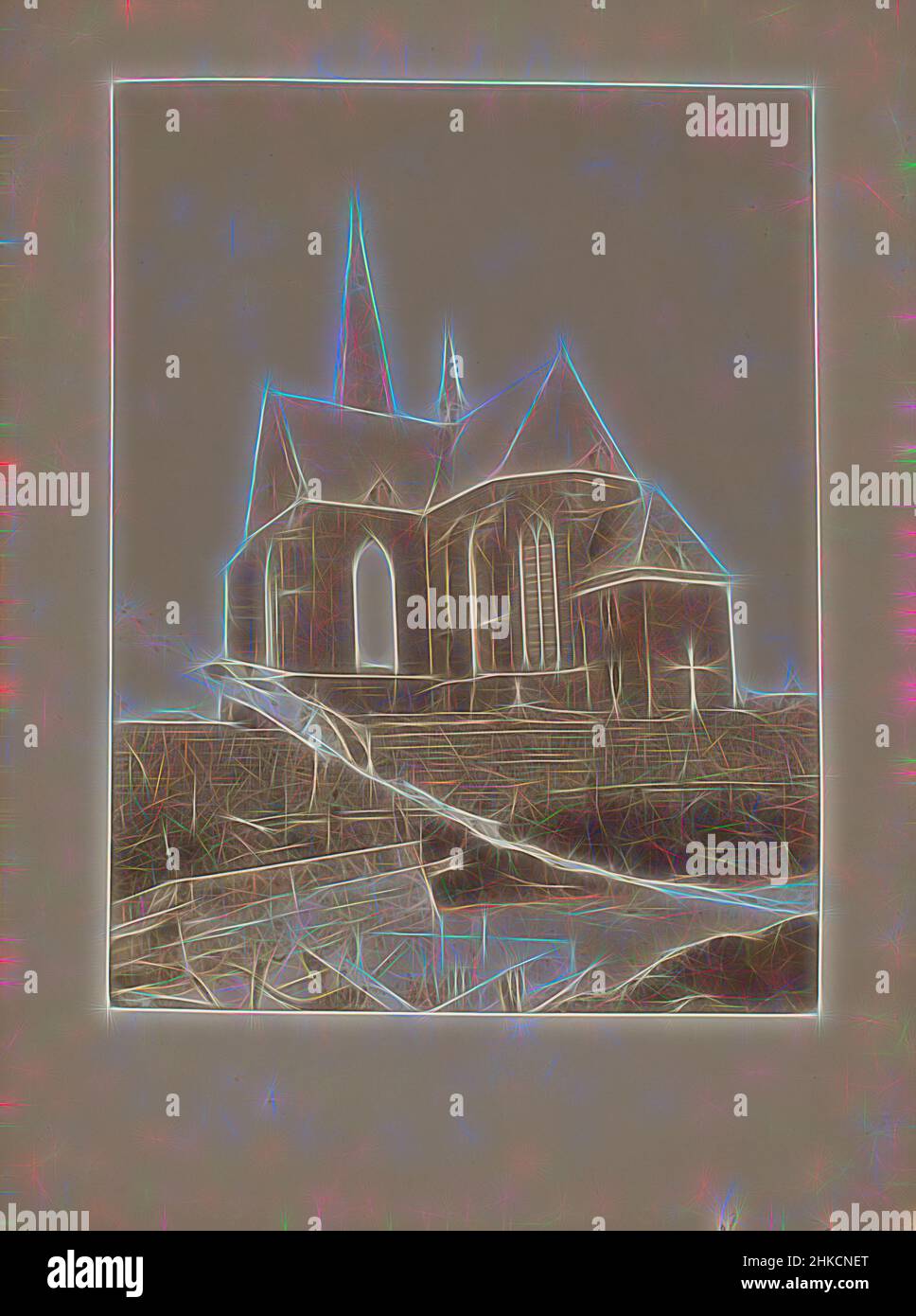 Ispirato dalla vista della Chiesa cattolica romana di Arcen, Arcen, 1892, stampa albume, altezza 230 mm x larghezza 177 mm, reinventato da Artotop. L'arte classica reinventata con un tocco moderno. Design di calda e allegra luminosità e di raggi di luce. La fotografia si ispira al surrealismo e al futurismo, abbracciando l'energia dinamica della tecnologia moderna, del movimento, della velocità e rivoluzionando la cultura Foto Stock
