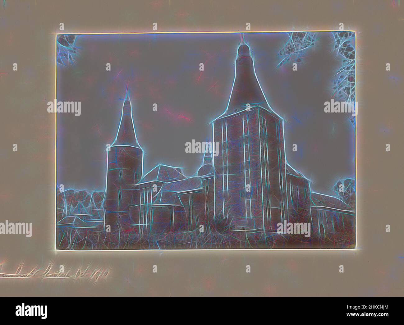 Ispirato dal lato sud-ovest del castello Hoensbroek, Hoensbroek, 1910, altezza 160 mm x larghezza 222 mm, reinventato da Artotop. L'arte classica reinventata con un tocco moderno. Design di calda e allegra luminosità e di raggi di luce. La fotografia si ispira al surrealismo e al futurismo, abbracciando l'energia dinamica della tecnologia moderna, del movimento, della velocità e rivoluzionando la cultura Foto Stock