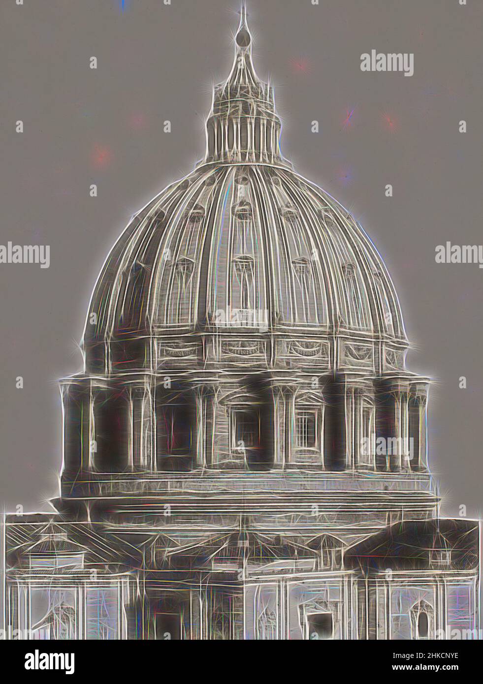 Ispirato dalla cupola della Basilica di San Pietro, Città del Vaticano, Italia, Roma, 1900 - 1930, Stampa in argento gelatina, altezza 399 mm x larghezza 288 mm, Reimagined by Artotop. L'arte classica reinventata con un tocco moderno. Design di calda e allegra luminosità e di raggi di luce. La fotografia si ispira al surrealismo e al futurismo, abbracciando l'energia dinamica della tecnologia moderna, del movimento, della velocità e rivoluzionando la cultura Foto Stock
