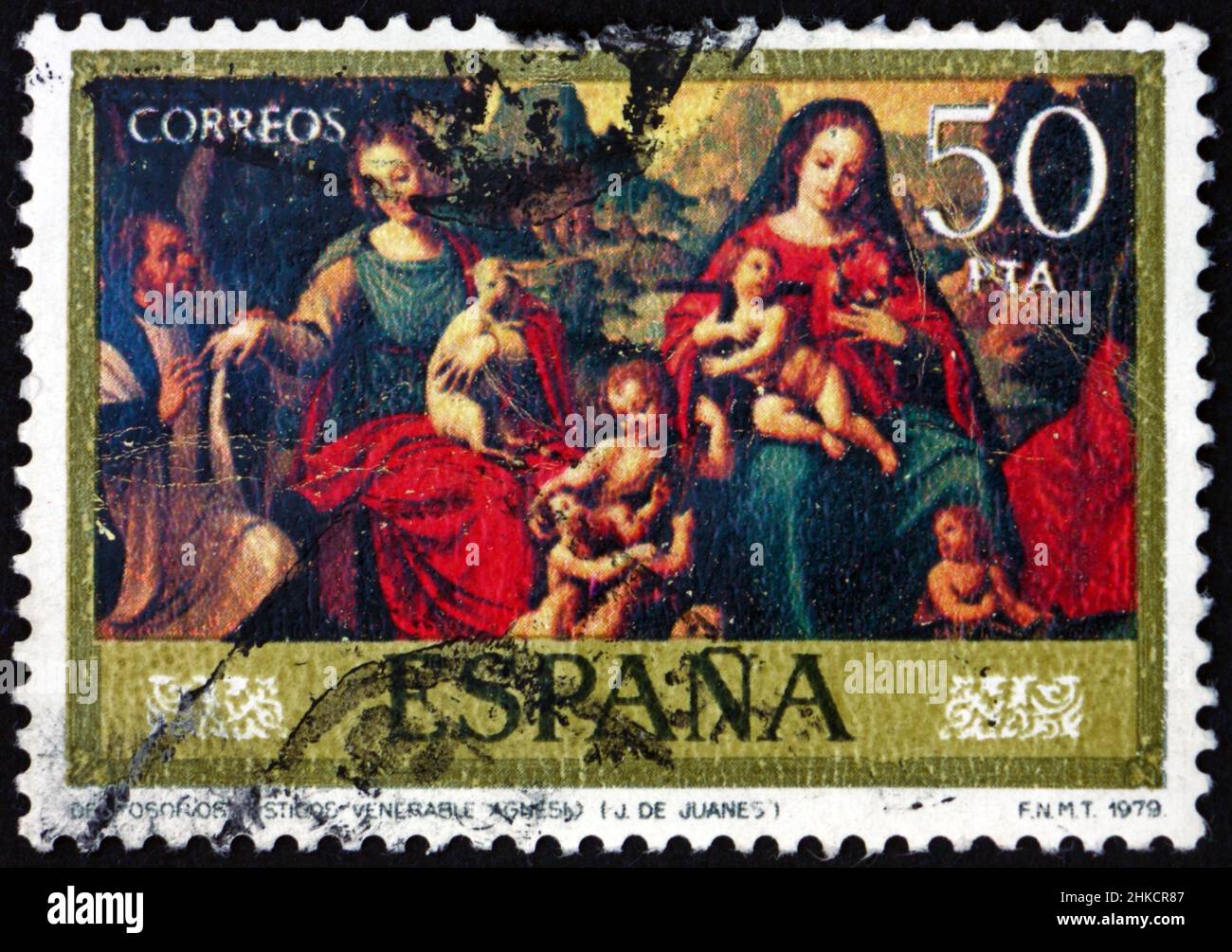 SPAGNA - CIRCA 1979: Un francobollo stampato in Spagna mostra l'adorazione dell'Agnello mistico, dipinto da Juan de Juanes, pittore spagnolo, circa 1979 Foto Stock
