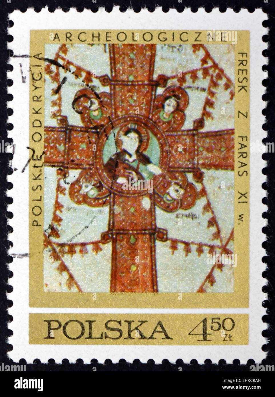 POLONIA - CIRCA 1971: Un francobollo stampato in Polonia mostra Croce con simboli di quattro Evangelisti, fresco dalla Cattedrale di Faras, Nubia, Archaeolog Polacco Foto Stock