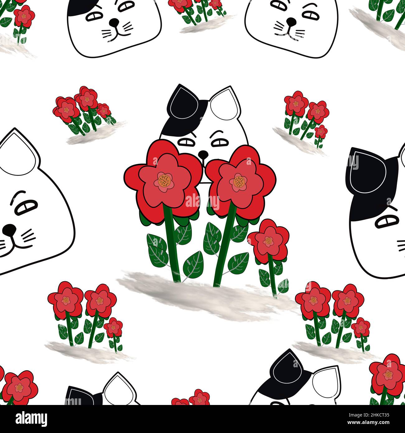 Illustrazione del modello senza giunture con disegno dei gatti e dei fiori Foto Stock