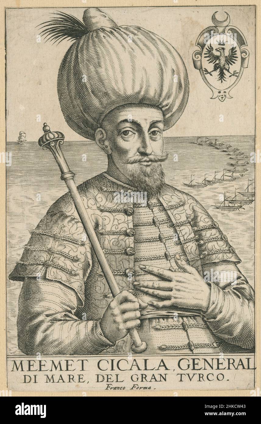 Antica incisione del 18th secolo di Cigalazade Yusuf Sinan Pashan, un uomo di Stato italiano ottomano che tenne l'ufficio di Grand Vizier per quaranta giorni nel 1596, durante il regno di Mehmed III Fu anche un Kapudan Pasha (Gran Ammiraglio della Marina Ottomana) e un generale militare. Incisione di Giacomo Franco. FONTE: INCISIONE ORIGINALE Foto Stock