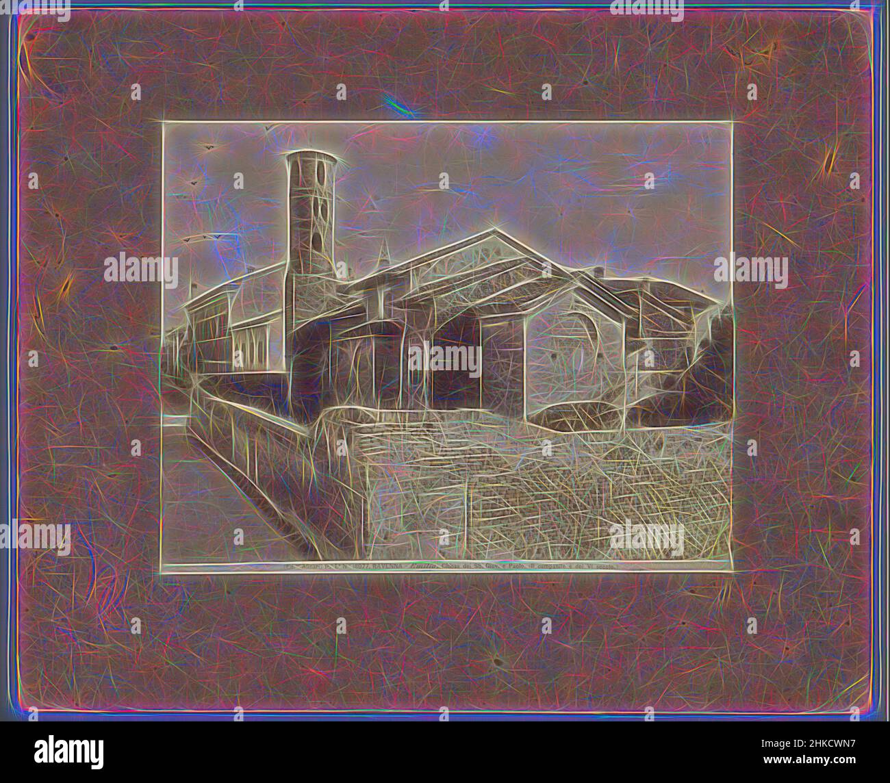 Ispirato all'esterno della Chiesa dei Santi Giovanni e Paolo a Ravenna, RAVENNA - Emilia. Chiesa di SS. Giov. E Paolo., Alinari, Ravenna, c.. 1875 - c. 1900, stampa albume, altezza 198 mm x larghezza 250 mm, reinventata da Artotop. L'arte classica reinventata con un tocco moderno. Design di calda e allegra luminosità e di raggi di luce. La fotografia si ispira al surrealismo e al futurismo, abbracciando l'energia dinamica della tecnologia moderna, del movimento, della velocità e rivoluzionando la cultura Foto Stock