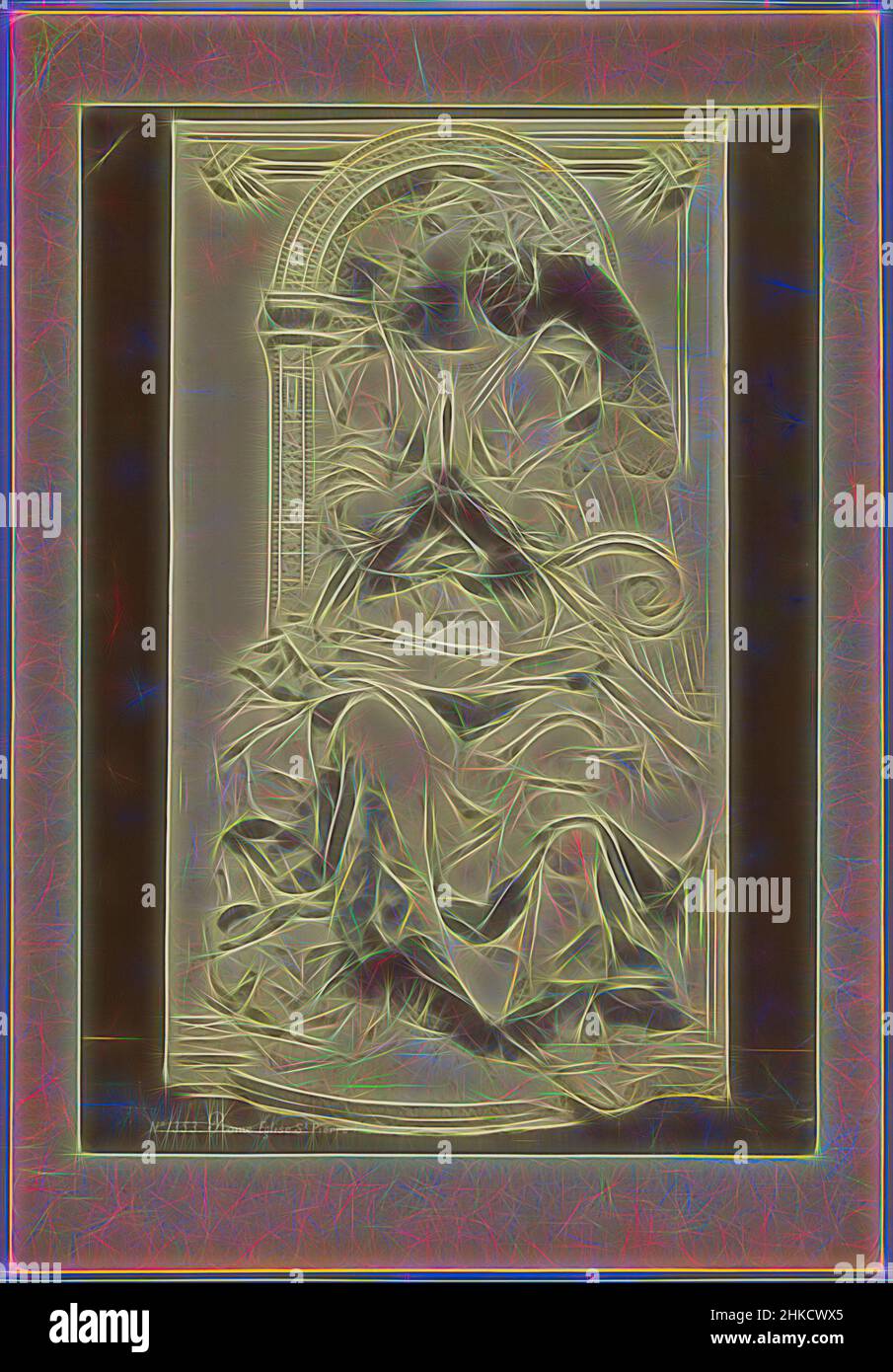 Ispirato dal cast in gesso di un rilievo di un angelo in preghiera nel Musée des Monuments francais a Parigi, Roma. Eglise St. Pierre), Séraphin-Médéric Mieusement, Palais du Trocadéro, c. 1875 - c. 1900, stampa albume, altezza 355 mm x larghezza 249 mm, reinventata da Artotop. L'arte classica reinventata con un tocco moderno. Design di calda e allegra luminosità e di raggi di luce. La fotografia si ispira al surrealismo e al futurismo, abbracciando l'energia dinamica della tecnologia moderna, del movimento, della velocità e rivoluzionando la cultura Foto Stock