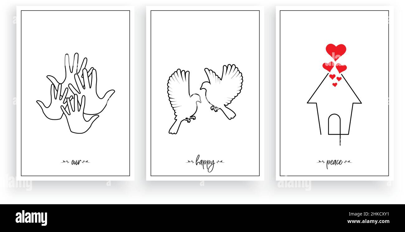 Il nostro luogo felice, vettore. Design minimalista in tre pezzi. Wall art, grafica pronta per la stampa Illustrazione Vettoriale