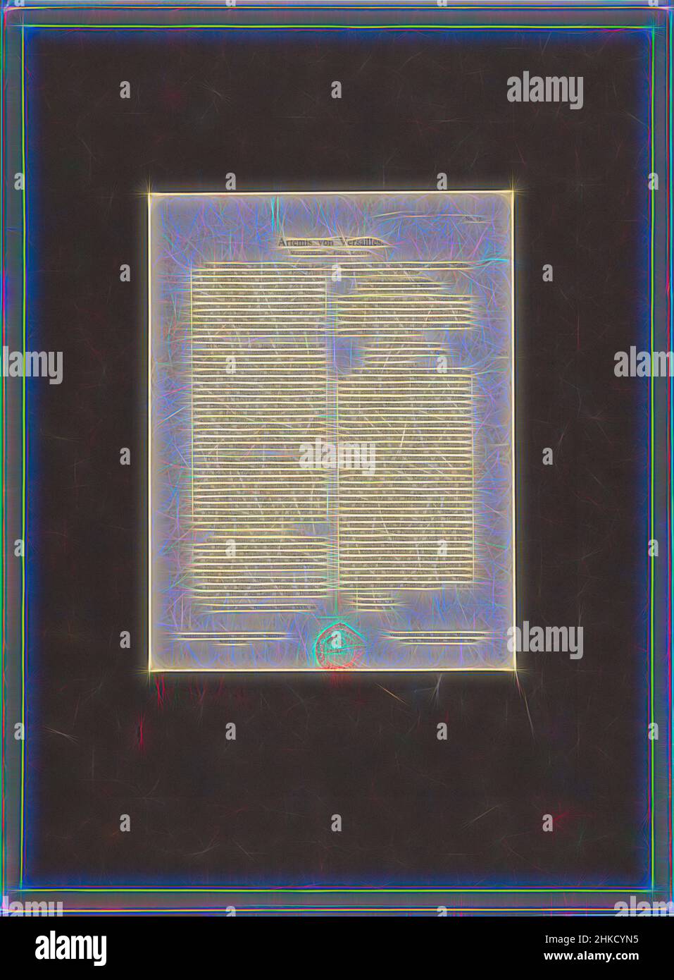 Ispirato da Diana di Versailles nel Musée du Louvre di Parigi, Artemis von Versailles., editore: Verlag für Kunst und Wissenschaft, Musée du Louvre, editore: München, 1896, carta, Collotype, altezza 363 mm x larghezza 288 mm, reinventato da Artotop. L'arte classica reinventata con un tocco moderno. Design di calda e allegra luminosità e di raggi di luce. La fotografia si ispira al surrealismo e al futurismo, abbracciando l'energia dinamica della tecnologia moderna, del movimento, della velocità e rivoluzionando la cultura Foto Stock