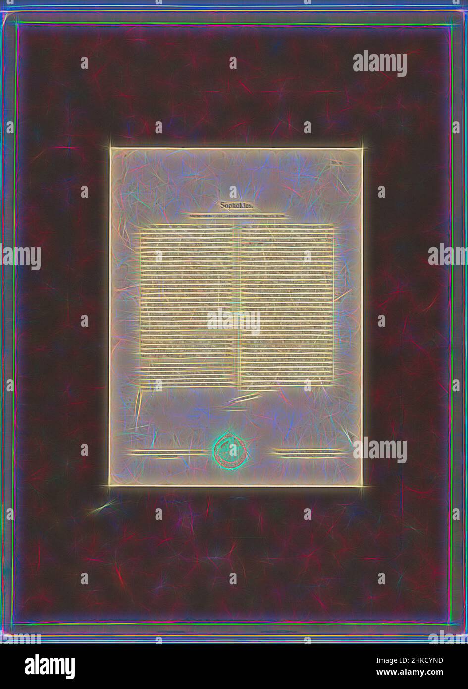 Ispirato dalla scultura di Sophocle nel Museo Laterano di Roma, Sophokles., editore: Verlag für Kunst und Wissenschaft, Lateraans Paleis, editore: München, 1895, carta, Collotype, altezza 415 mm x larghezza 288 mm, reinventato da Artotop. L'arte classica reinventata con un tocco moderno. Design di calda e allegra luminosità e di raggi di luce. La fotografia si ispira al surrealismo e al futurismo, abbracciando l'energia dinamica della tecnologia moderna, del movimento, della velocità e rivoluzionando la cultura Foto Stock