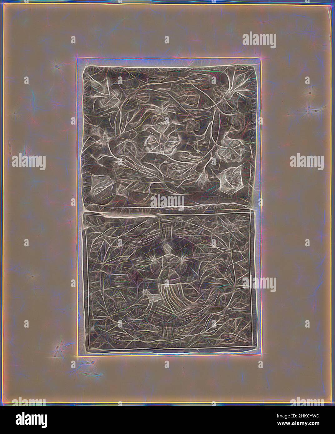 Ispirato a due pezzi di tessuto, Top: Decorato con motivi floreali e stemmi, Bottom: Decorato con una donna e un agnello., Europa, c. 1875 - c. 1900, carta, collotype, altezza 259 mm x larghezza 160 mm, reinventata da Artotop. L'arte classica reinventata con un tocco moderno. Design di calda e allegra luminosità e di raggi di luce. La fotografia si ispira al surrealismo e al futurismo, abbracciando l'energia dinamica della tecnologia moderna, del movimento, della velocità e rivoluzionando la cultura Foto Stock