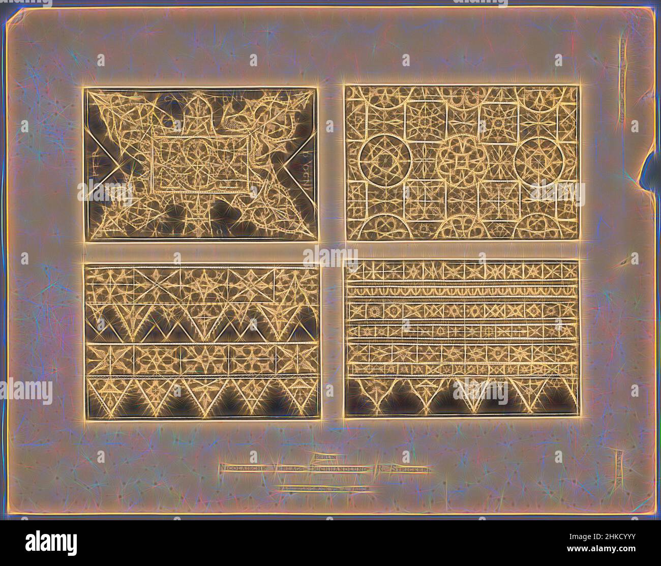 Ispirato da quattro modelli per il merletto di Cesare Vecellio, editore: Nicolaische Verlagsbuchhandlung, Europa, editore: Berlino, stampatore: Europa, c. 1875 - c. 1900, carta, inchiostro da stampa, collotipo, altezza 289 mm x larghezza 370 mm, reinventato da Artotop. L'arte classica reinventata con un tocco moderno. Design di calda e allegra luminosità e di raggi di luce. La fotografia si ispira al surrealismo e al futurismo, abbracciando l'energia dinamica della tecnologia moderna, del movimento, della velocità e rivoluzionando la cultura Foto Stock