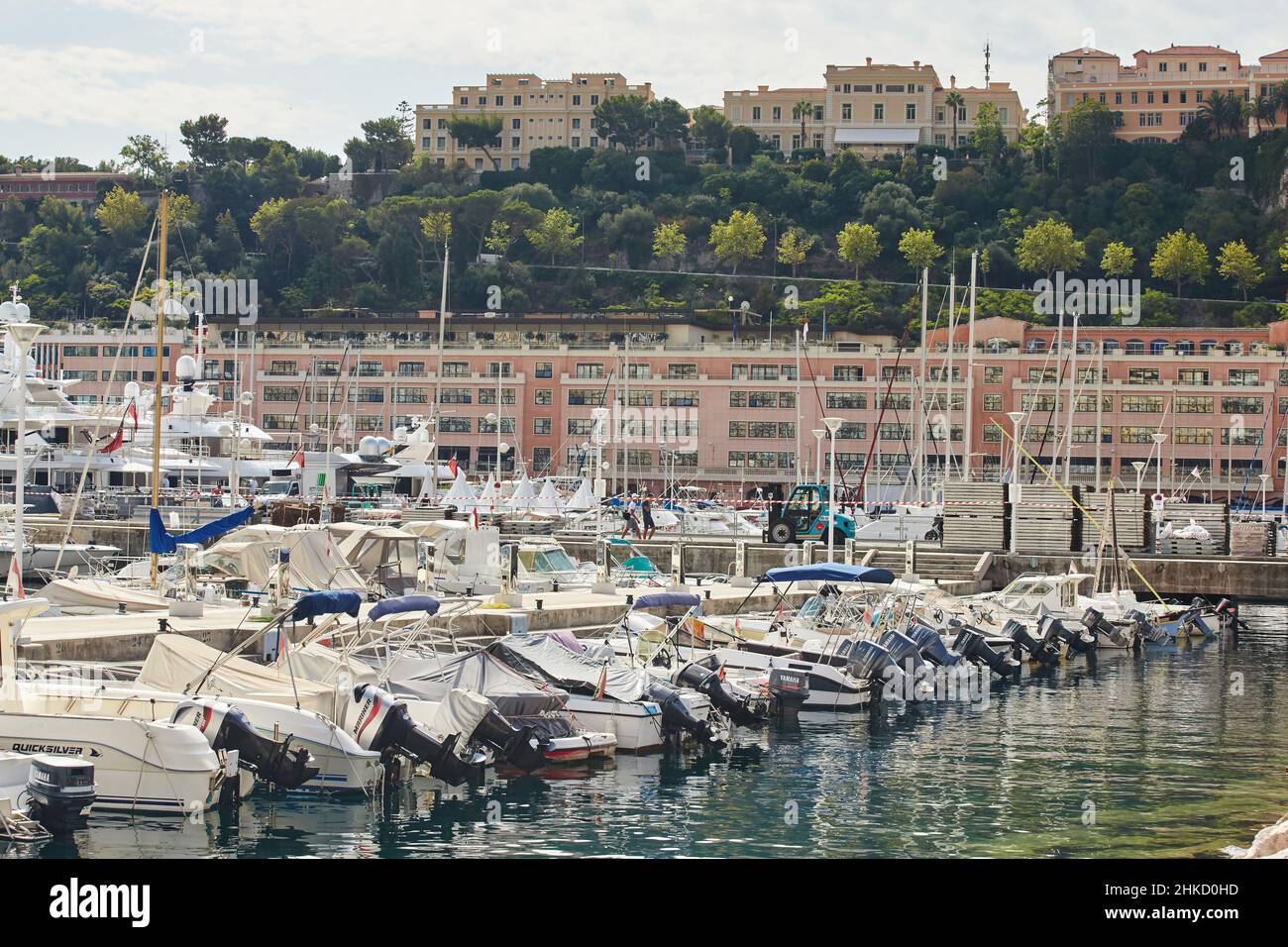 Monaco, Monte-Carlo, molte piccole barche a motore sono parcheggiate fianco a fianco nel porto, con i parafanghi tra loro per evitare collisioni nelle giornate di sole Foto Stock