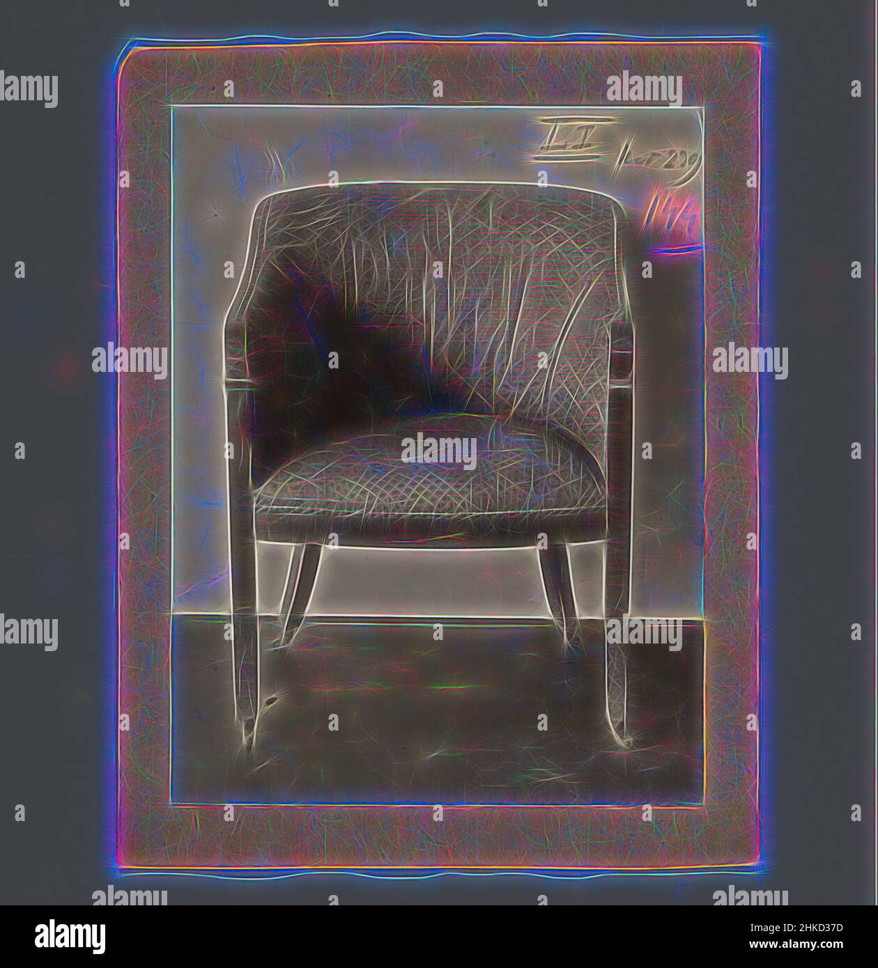 Ispirata alla poltrona con ruote sotto le gambe, c.. 1875 - c. 1900, altezza 142 mm x larghezza 108 mm, reinventato da Artotop. L'arte classica reinventata con un tocco moderno. Design di calda e allegra luminosità e di raggi di luce. La fotografia si ispira al surrealismo e al futurismo, abbracciando l'energia dinamica della tecnologia moderna, del movimento, della velocità e rivoluzionando la cultura Foto Stock