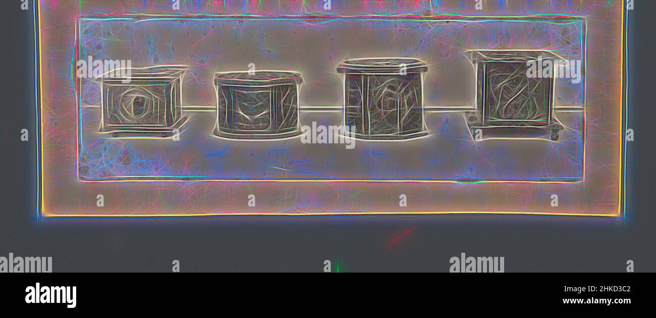 Ispirato da quattro cassoni o stufe, c. 1875 - c. 1900, altezza 51 mm x larghezza 160 mm, reinventato da Artotop. L'arte classica reinventata con un tocco moderno. Design di calda e allegra luminosità e di raggi di luce. La fotografia si ispira al surrealismo e al futurismo, abbracciando l'energia dinamica della tecnologia moderna, del movimento, della velocità e rivoluzionando la cultura Foto Stock