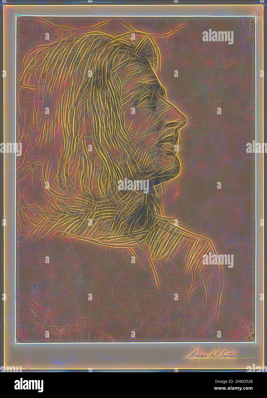 Ispirato alla riproduzione di un disegno di Giovanni di Andres del Sarto, disegnatore intermedio: Andrea del Sarto, 1850 - 1950, collotype, altezza 349 mm x larghezza 250 mm, reinventato da Artotop. L'arte classica reinventata con un tocco moderno. Design di calda e allegra luminosità e di raggi di luce. La fotografia si ispira al surrealismo e al futurismo, abbracciando l'energia dinamica della tecnologia moderna, del movimento, della velocità e rivoluzionando la cultura Foto Stock