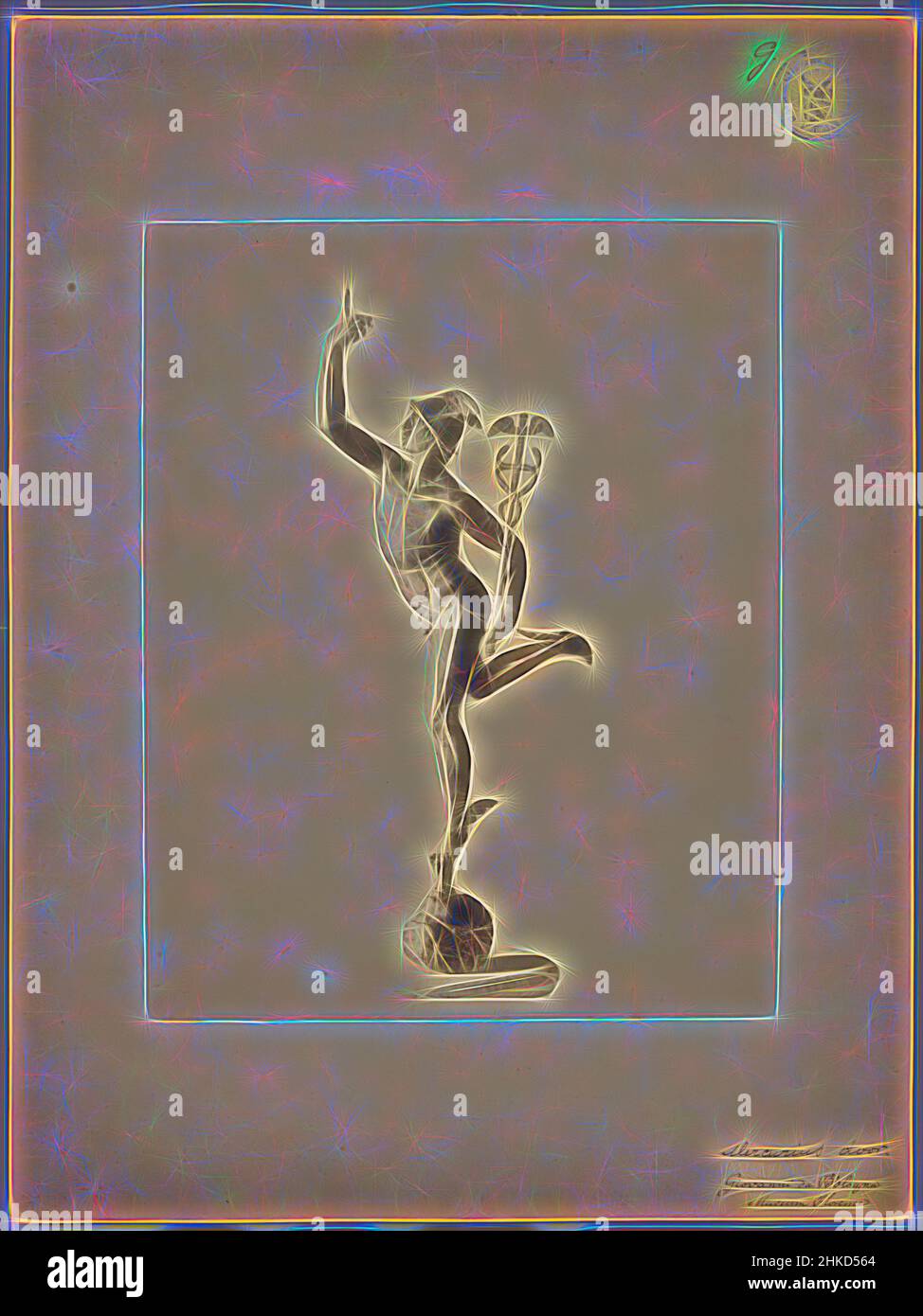 Ispirata alla statua di bronzo di Mercurio di Giovanni da Bologna o Giambologna, 1850 - 1900, stampa albume, altezza 385 mm x larghezza 288 mm, reinventata da Artotop. L'arte classica reinventata con un tocco moderno. Design di calda e allegra luminosità e di raggi di luce. La fotografia si ispira al surrealismo e al futurismo, abbracciando l'energia dinamica della tecnologia moderna, del movimento, della velocità e rivoluzionando la cultura Foto Stock