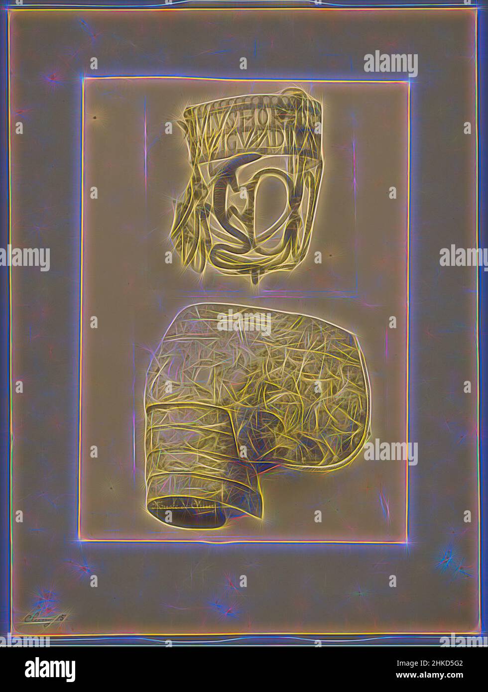 Ispirato da spalla pezzo di armatura, Musée de Cluny, Séraphin-Médéric Mieusement, Parigi, 1850 - 1900, Stampa albume, altezza 345 mm x larghezza 259 mm, reinventata da Artotop. L'arte classica reinventata con un tocco moderno. Design di calda e allegra luminosità e di raggi di luce. La fotografia si ispira al surrealismo e al futurismo, abbracciando l'energia dinamica della tecnologia moderna, del movimento, della velocità e rivoluzionando la cultura Foto Stock