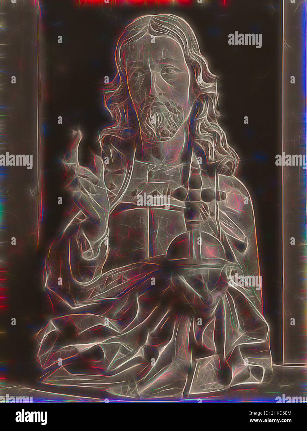 Ispirato dalla vista di un busto di Cristo che fa un gesto di benedizione con una mano e porta una mela impero nell'altra, J Christophe, 1900 - 1960, gelatina stampa argento, altezza 378 mm x larghezza 290 mm, reinventato da Artotop. L'arte classica reinventata con un tocco moderno. Design di calda e allegra luminosità e di raggi di luce. La fotografia si ispira al surrealismo e al futurismo, abbracciando l'energia dinamica della tecnologia moderna, del movimento, della velocità e rivoluzionando la cultura Foto Stock