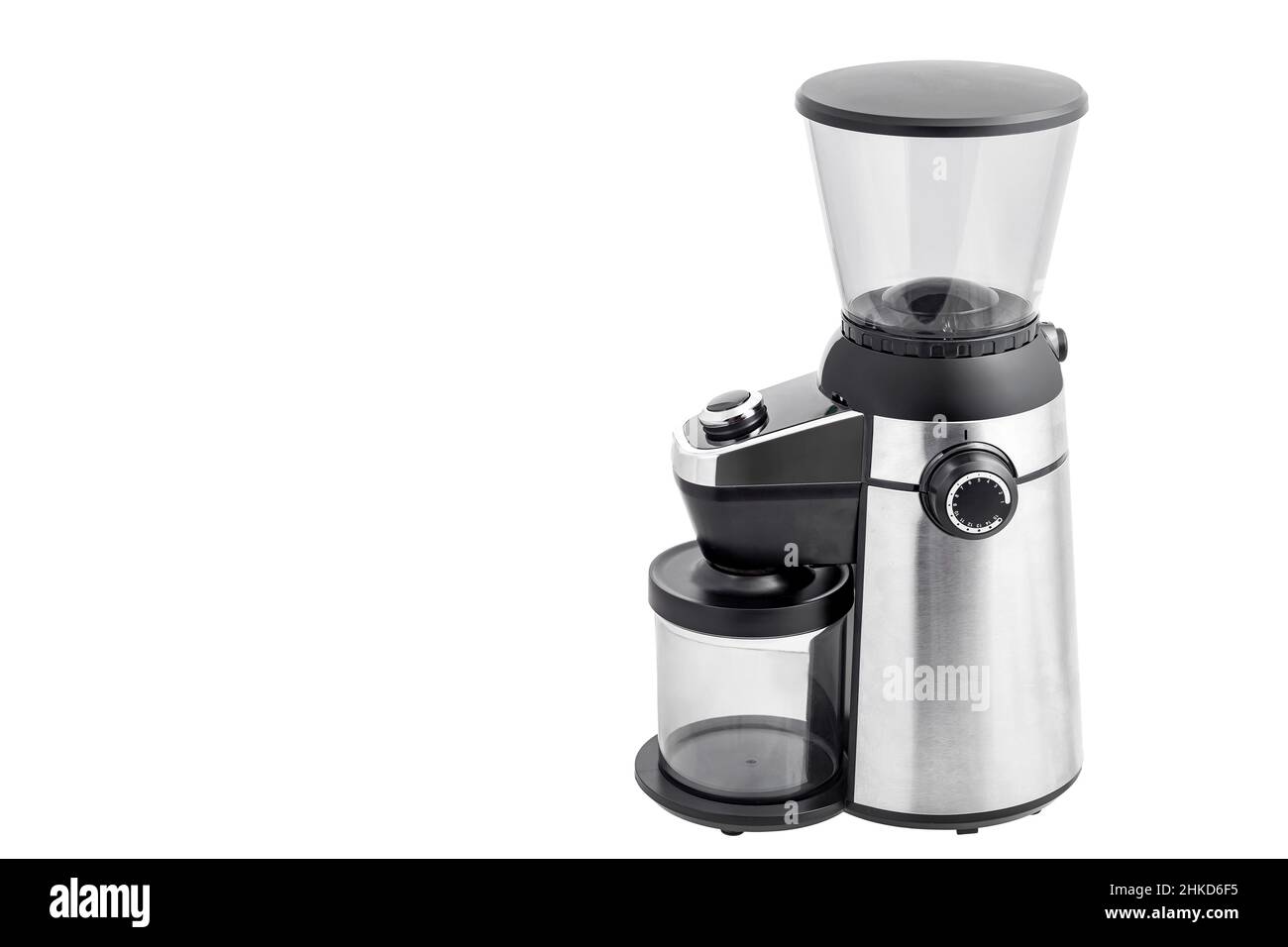apparecchio professionale per macinare i chicchi di caffè in macinatura con bave coniche per la preparazione professionale dell'espresso nero, vista laterale dell'oggetto con Foto Stock