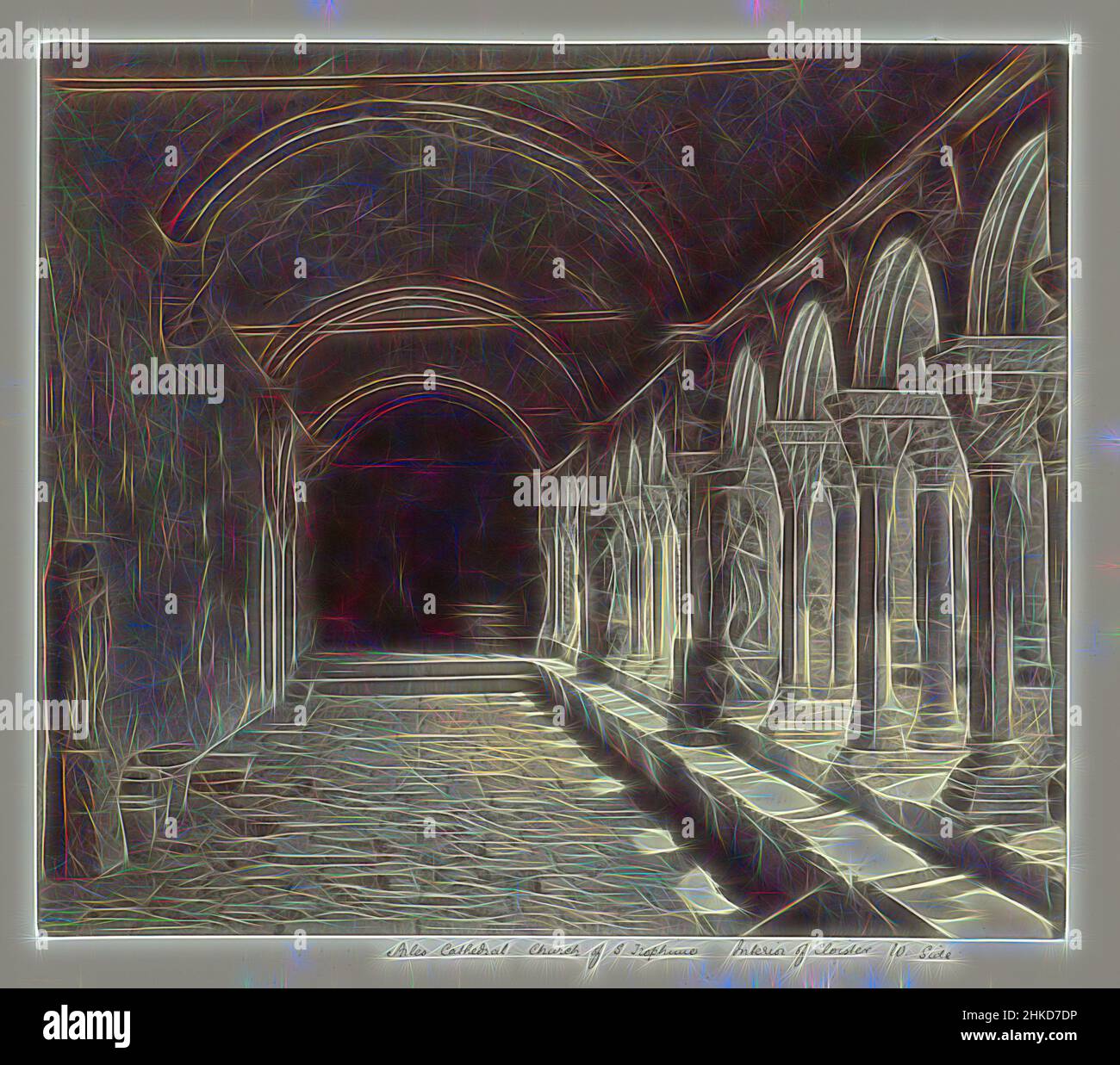 Ispirato da Chiostro di Saint Trophime in Arles, Cattedrale di Arles, Chiesa di S Trophime, interno di Cloister, W. Side, editore: Downes & Co. Cundall, Arles, editore: Londra, 1863 - 1865, carta, Stampa albume, altezza 235 mm x larghezza 270 mm altezza 271 mm x larghezza 481 mm, Reimagined by Artotop. L'arte classica reinventata con un tocco moderno. Design di calda e allegra luminosità e di raggi di luce. La fotografia si ispira al surrealismo e al futurismo, abbracciando l'energia dinamica della tecnologia moderna, del movimento, della velocità e rivoluzionando la cultura Foto Stock