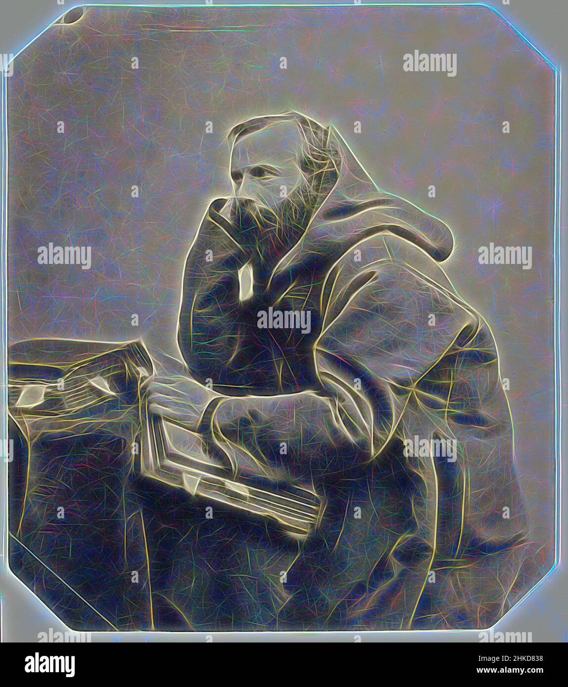 Ispirato da Genre ritratto di un monaco, Louis Wegner, Amsterdam, 1858, carta, Stampa su carta salata, altezza 271 mm x larghezza 238 mm, reinventata da Artotop. L'arte classica reinventata con un tocco moderno. Design di calda e allegra luminosità e di raggi di luce. La fotografia si ispira al surrealismo e al futurismo, abbracciando l'energia dinamica della tecnologia moderna, del movimento, della velocità e rivoluzionando la cultura Foto Stock