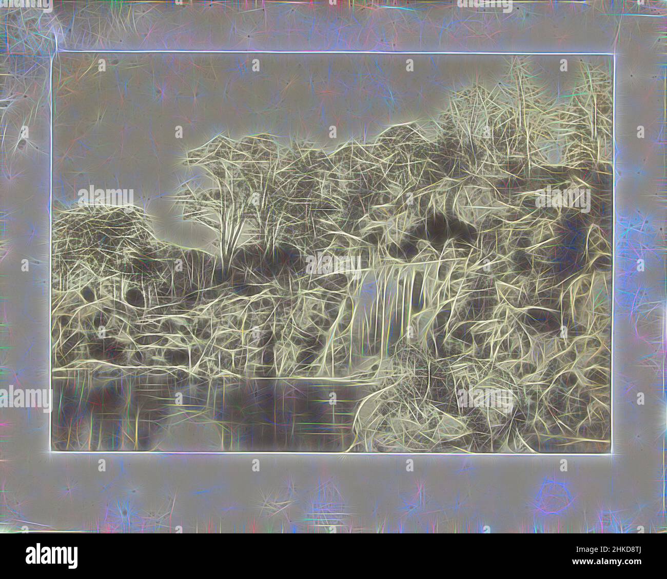 Ispirato dalla cascata nel Bois de Boulogne a Parigi, Charles Marville, Parigi, 1862 - 1879, carta, Stampa albume, altezza 247 mm x larghezza 346 mm altezza 330 mm x larghezza 414 mm, Reimagined by Artotop. L'arte classica reinventata con un tocco moderno. Design di calda e allegra luminosità e di raggi di luce. La fotografia si ispira al surrealismo e al futurismo, abbracciando l'energia dinamica della tecnologia moderna, del movimento, della velocità e rivoluzionando la cultura Foto Stock