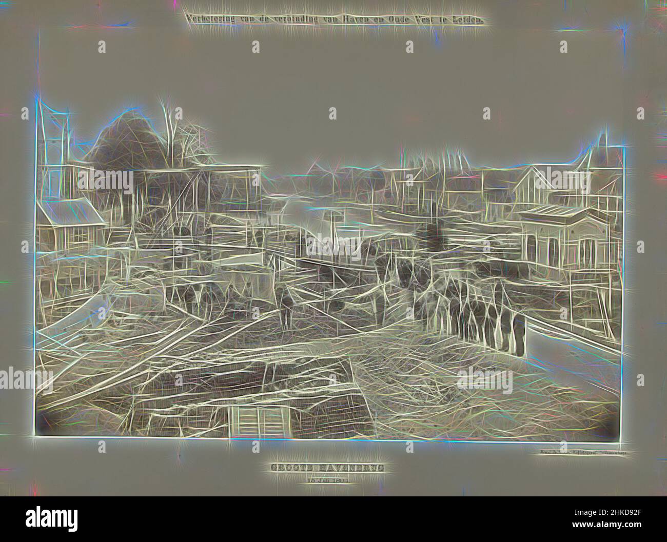 Ispirati dai lavori sul Grote Havenbrug a Leiden, lavori sul Grote Havenbrug a Leiden nella situazione temporanea con una struttura in legno prima che il doppio ponte fosse posto nel 1894-1895., Henri de Louw (firmato dall'artista), l'Aia, 15-lug-1894, stampa albume, altezza 374 mm x larghezza 530 mm, Reinventato da Artotop. L'arte classica reinventata con un tocco moderno. Design di calda e allegra luminosità e di raggi di luce. La fotografia si ispira al surrealismo e al futurismo, abbracciando l'energia dinamica della tecnologia moderna, del movimento, della velocità e rivoluzionando la cultura Foto Stock