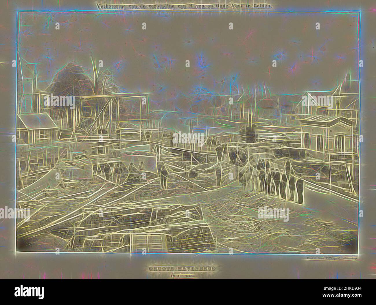 Ispirati dai lavori sul Grote Havenbrug a Leiden, lavori sul Grote Havenbrug a Leiden nella situazione temporanea con la struttura in legno prima che il doppio ponte levatoio fosse posto nel 1894-1895., Henri de Louw, l'Aia, 15-lug-1894, stampa albume, Altezza 374 mm x larghezza 530 mm, reinventata da Artotop. L'arte classica reinventata con un tocco moderno. Design di calda e allegra luminosità e di raggi di luce. La fotografia si ispira al surrealismo e al futurismo, abbracciando l'energia dinamica della tecnologia moderna, del movimento, della velocità e rivoluzionando la cultura Foto Stock