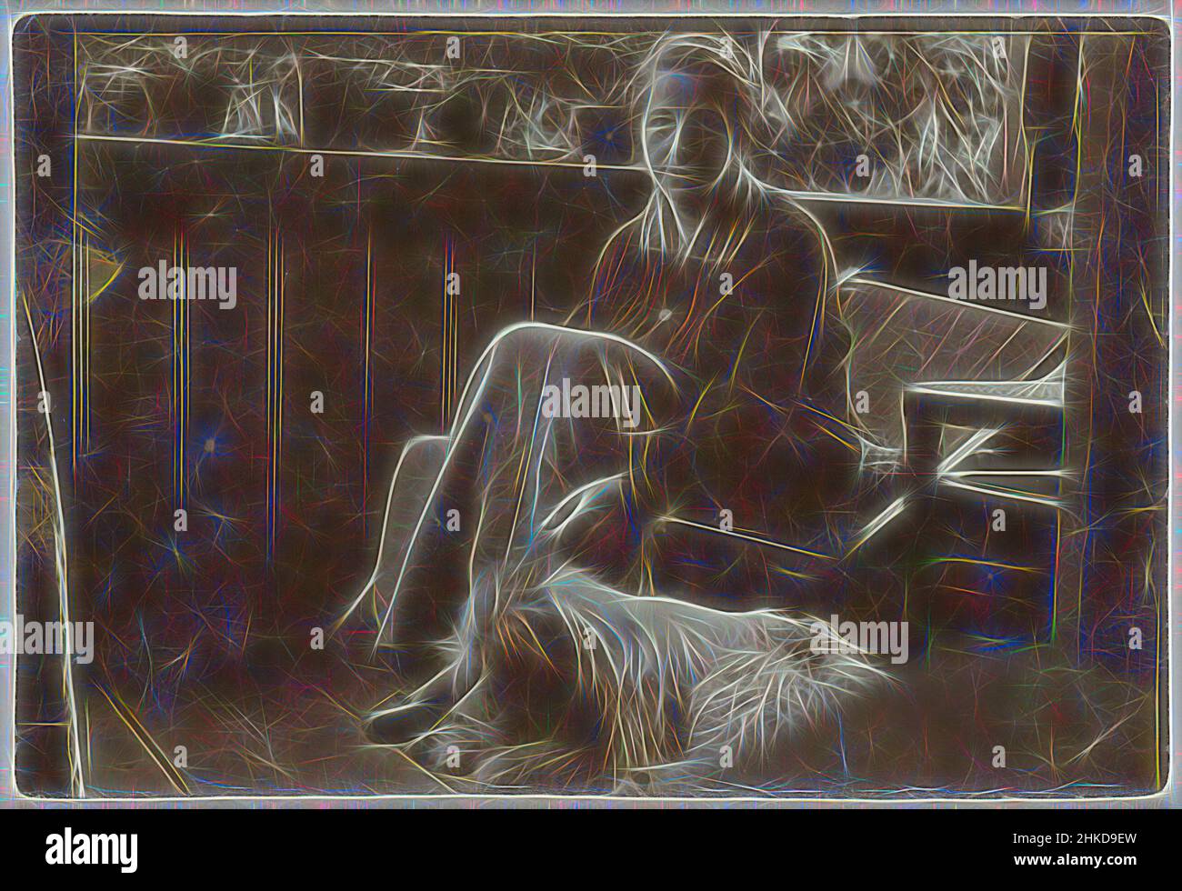 Ispirato da Ritratto di Irene con cane, Germania, 1920 - 1930, carta baryta, altezza 59 mm x larghezza 87 mm, reinventato da Artotop. L'arte classica reinventata con un tocco moderno. Design di calda e allegra luminosità e di raggi di luce. La fotografia si ispira al surrealismo e al futurismo, abbracciando l'energia dinamica della tecnologia moderna, del movimento, della velocità e rivoluzionando la cultura Foto Stock