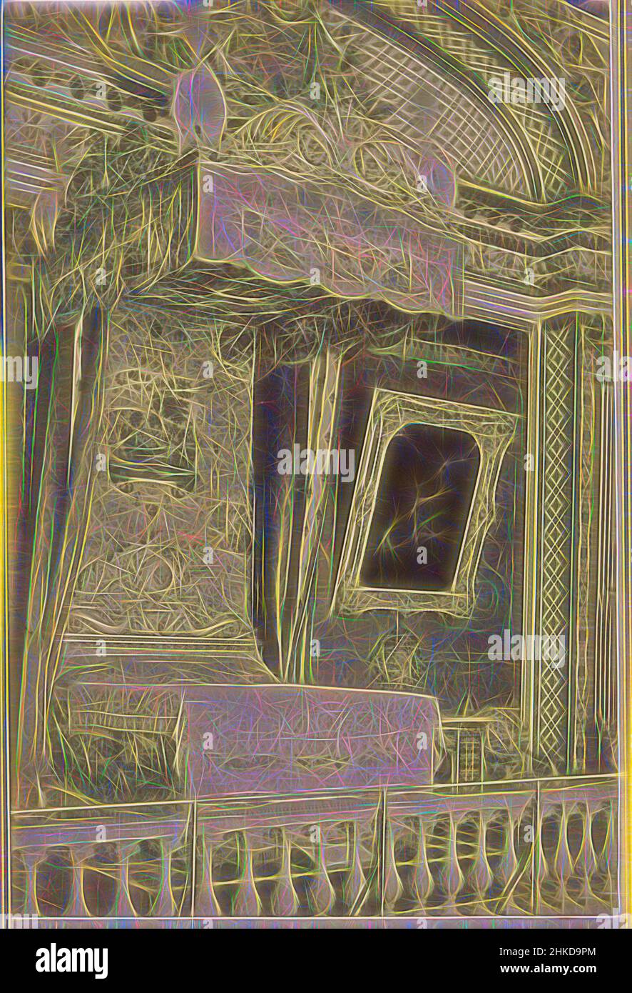 Ispirato dalla Camera di Re Luigi XIV nella Reggia di Versailles, compagnie Photographique Debitte & Hervé, Kasteel van Versailles, c.. 1865 - c. 1875, stampa albume, altezza 148 mm x larghezza 100 mm, reinventata da Artotop. L'arte classica reinventata con un tocco moderno. Design di calda e allegra luminosità e di raggi di luce. La fotografia si ispira al surrealismo e al futurismo, abbracciando l'energia dinamica della tecnologia moderna, del movimento, della velocità e rivoluzionando la cultura Foto Stock