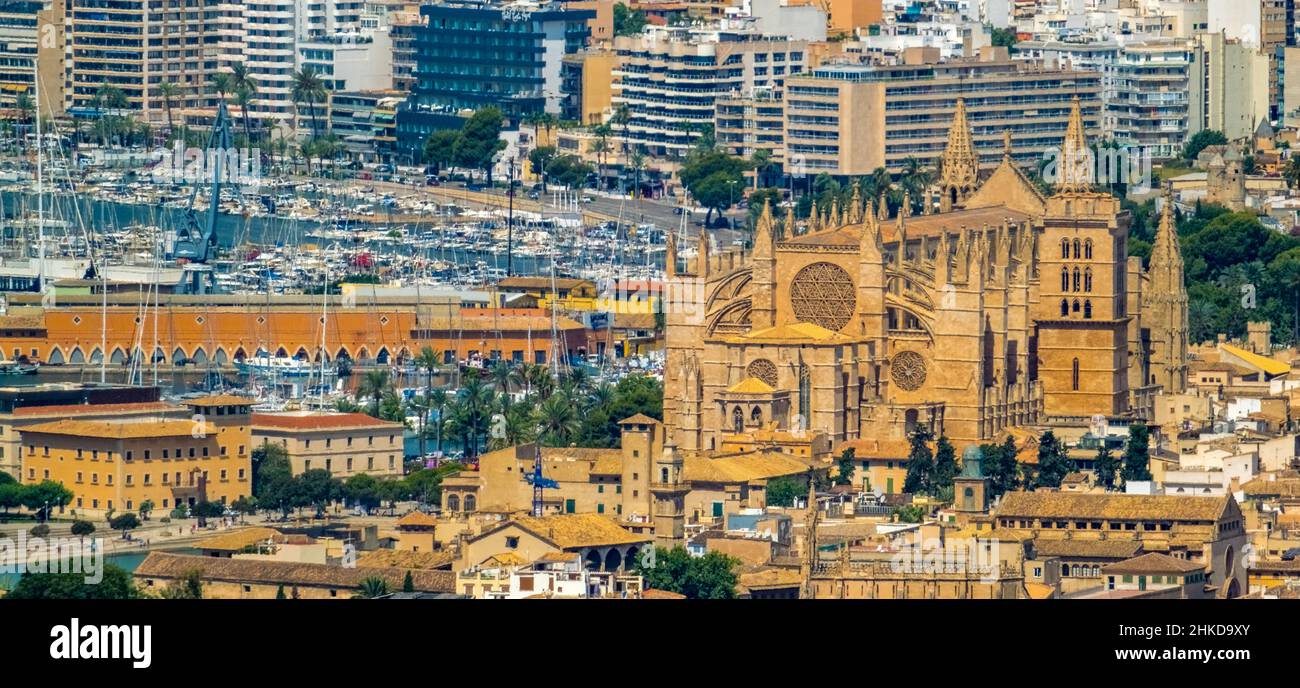 Veduta aerea, Chiesa di Santa Iglesia Catedral de Mallorca, Cattedrale di Palma, Puerto de Palma, Porto di Palma in background, Palma, Maiorca, Baleari is Foto Stock