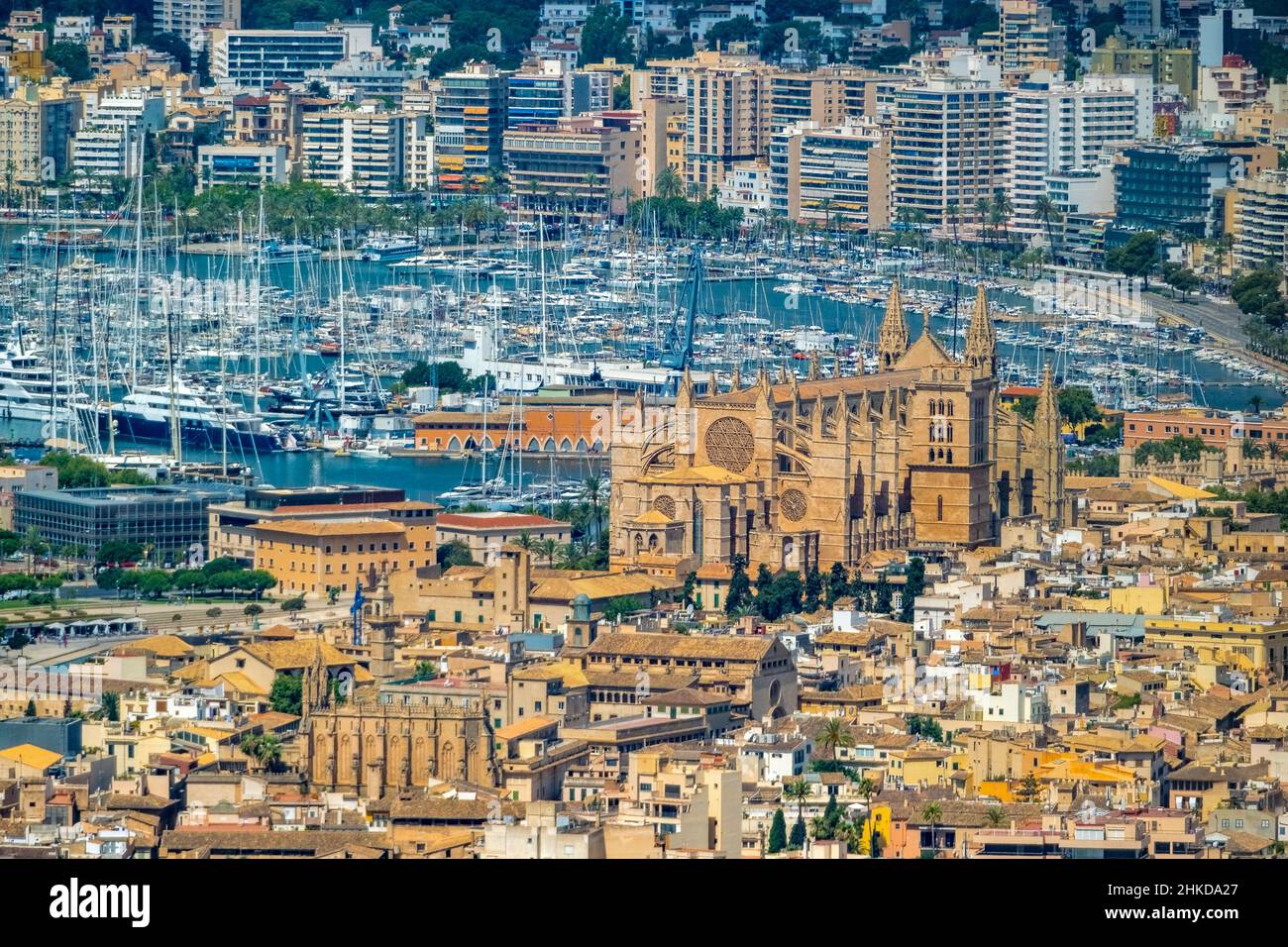 Veduta aerea, Chiesa di Santa Iglesia Catedral de Mallorca, Cattedrale di Palma, Puerto de Palma, Porto di Palma in background, Palma, Maiorca, Baleari is Foto Stock